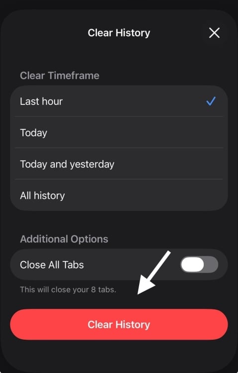 Clear history screen in Safari for iOS