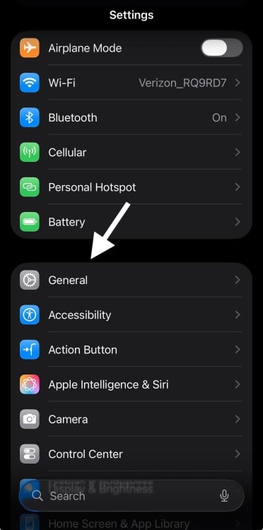 iPhone settings app with an arrow pointing to General