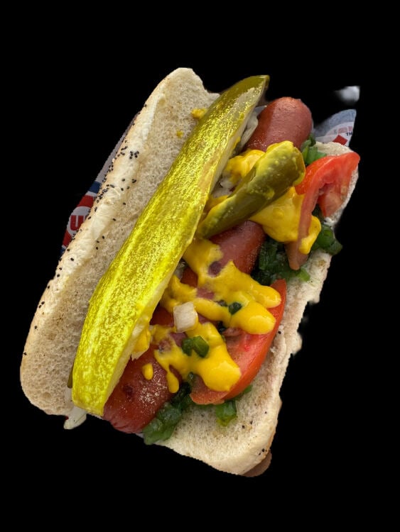 an edited picture of a hot dog from wrigley field