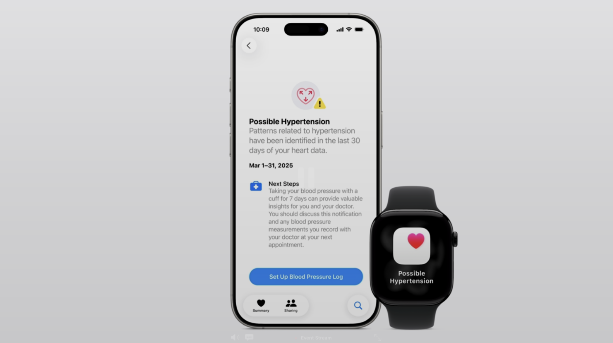 An iPhone and an Apple Watch side by side, displaying a high blood pressure warning.