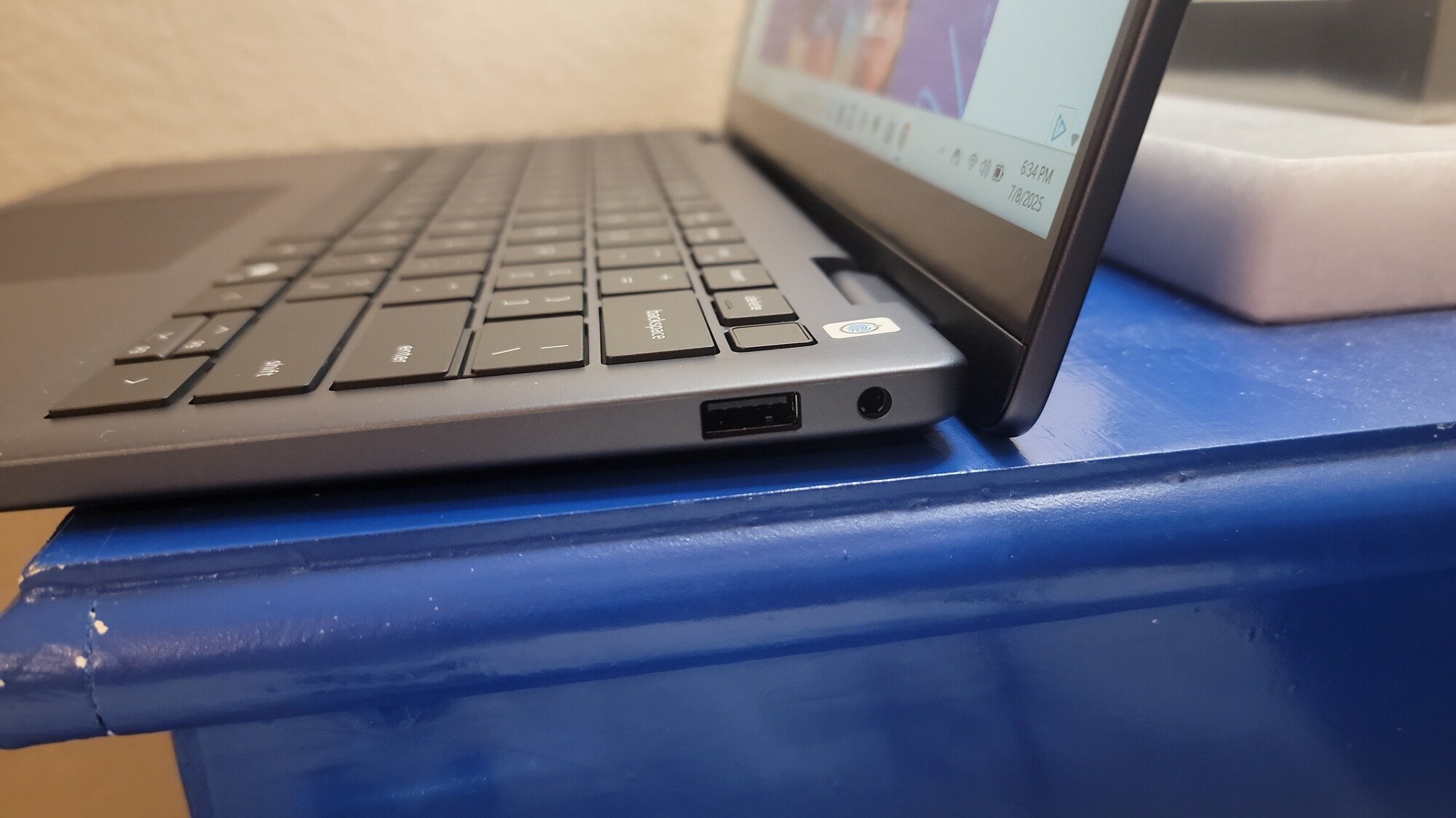 The right side of Dell’s 14 Plus 2-in-1 laptop, showing the audio jack and USB-A port