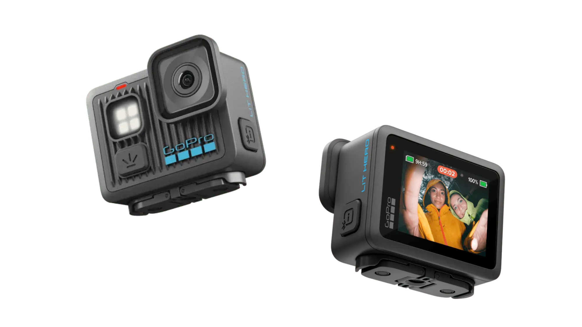 Two GoPro LIT HERO cameras, showing the device's front and back.
