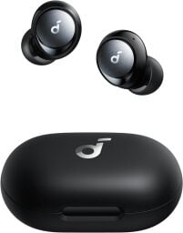 soundcore space a40 earbuds and case against a white background