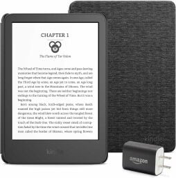 a kindle, fabric cover, and power adapter against a white background