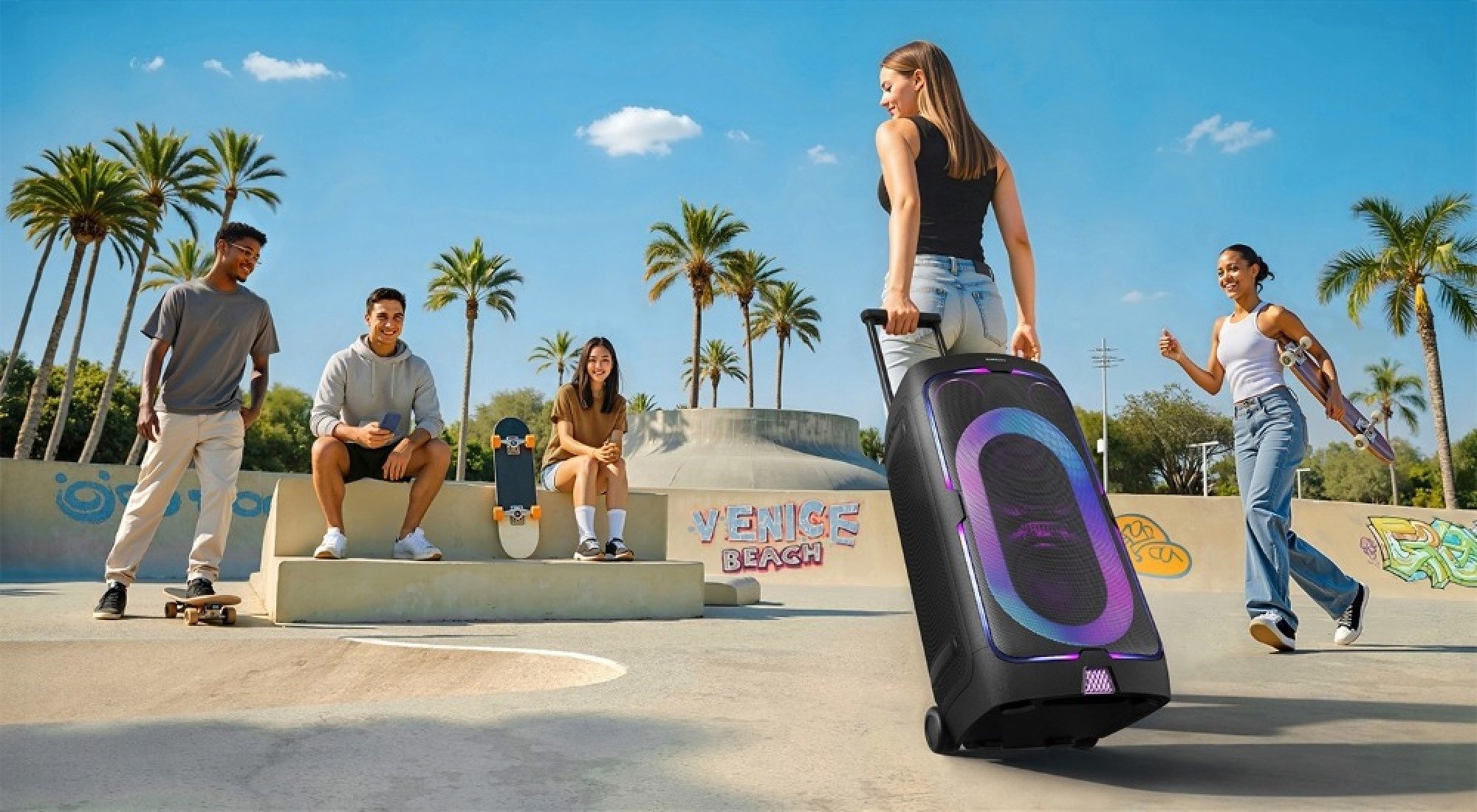 a person rolls the Samsung Sound Tower into a skate park toward other people.