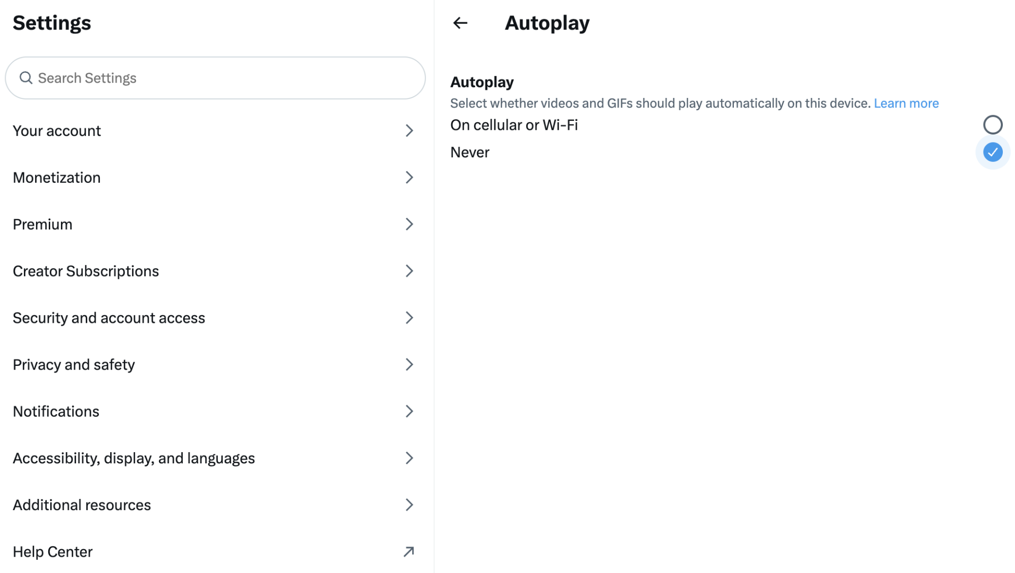 A menu of Settings options is visible on the left. On the right is an "Autoplay" menu.