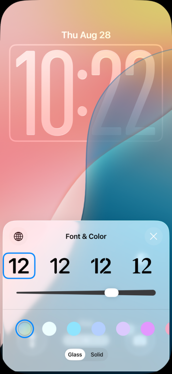 A screenshot of the lock screen menu on iOS 26 with options to change font and color