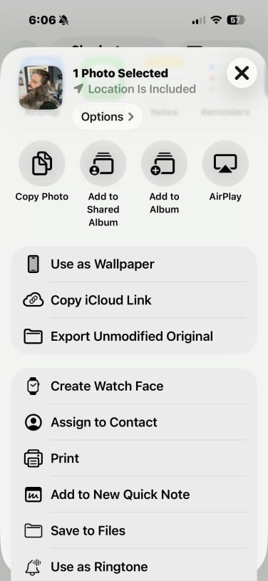 photos app in ios 26 showing sharing options
