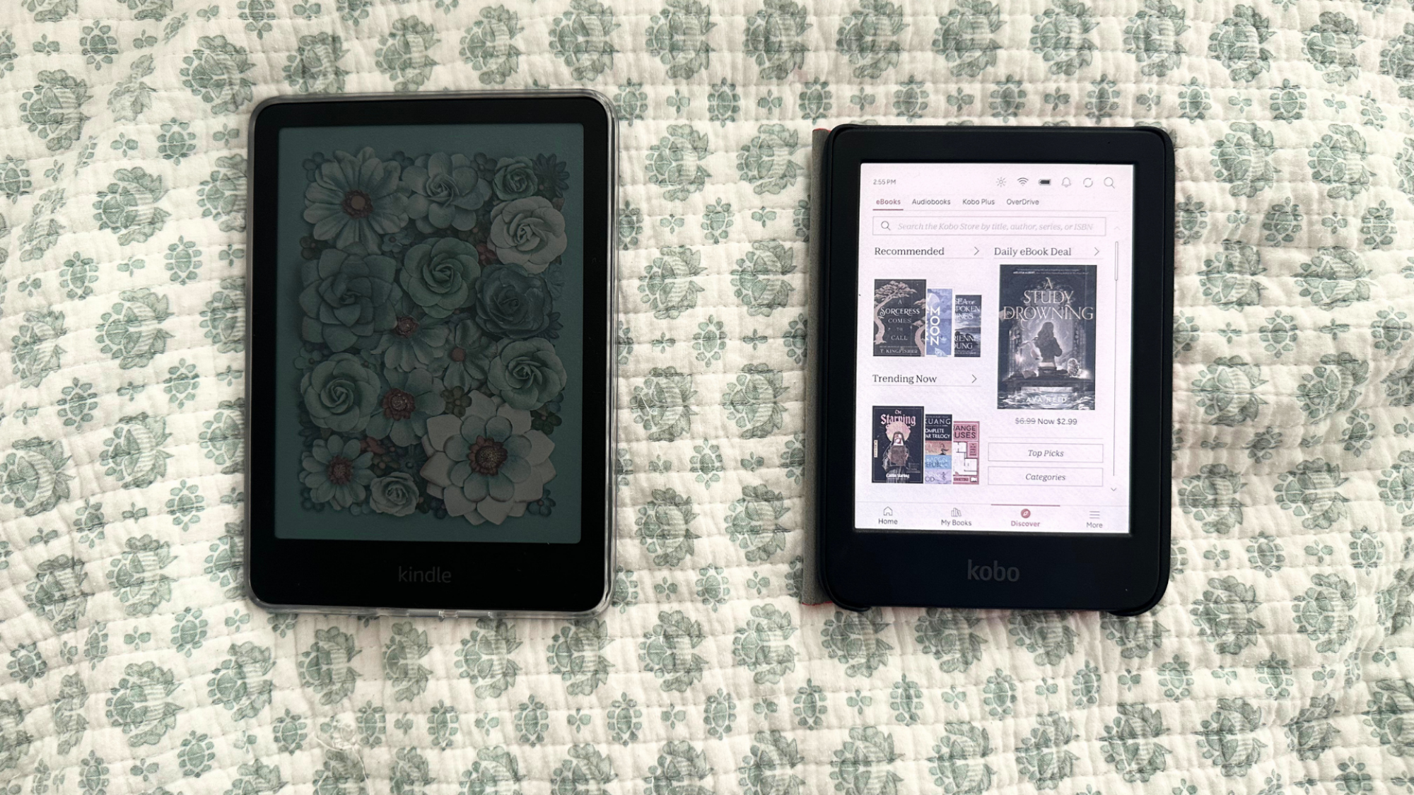 On the left, a Kindle Colorsoft. On the right, a Kobo Clara Colour.