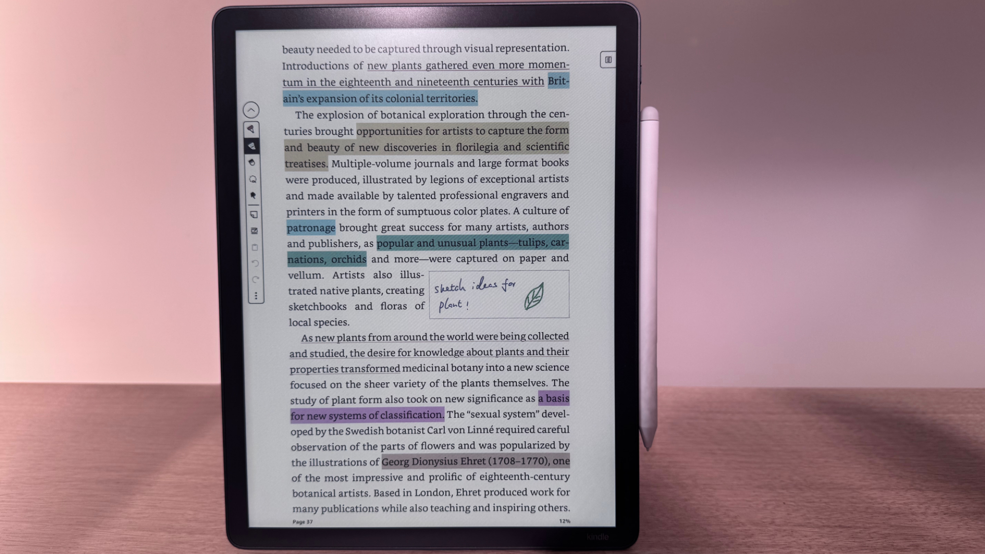 A Kindle Scribe Colorsoft on display with highlighted text.