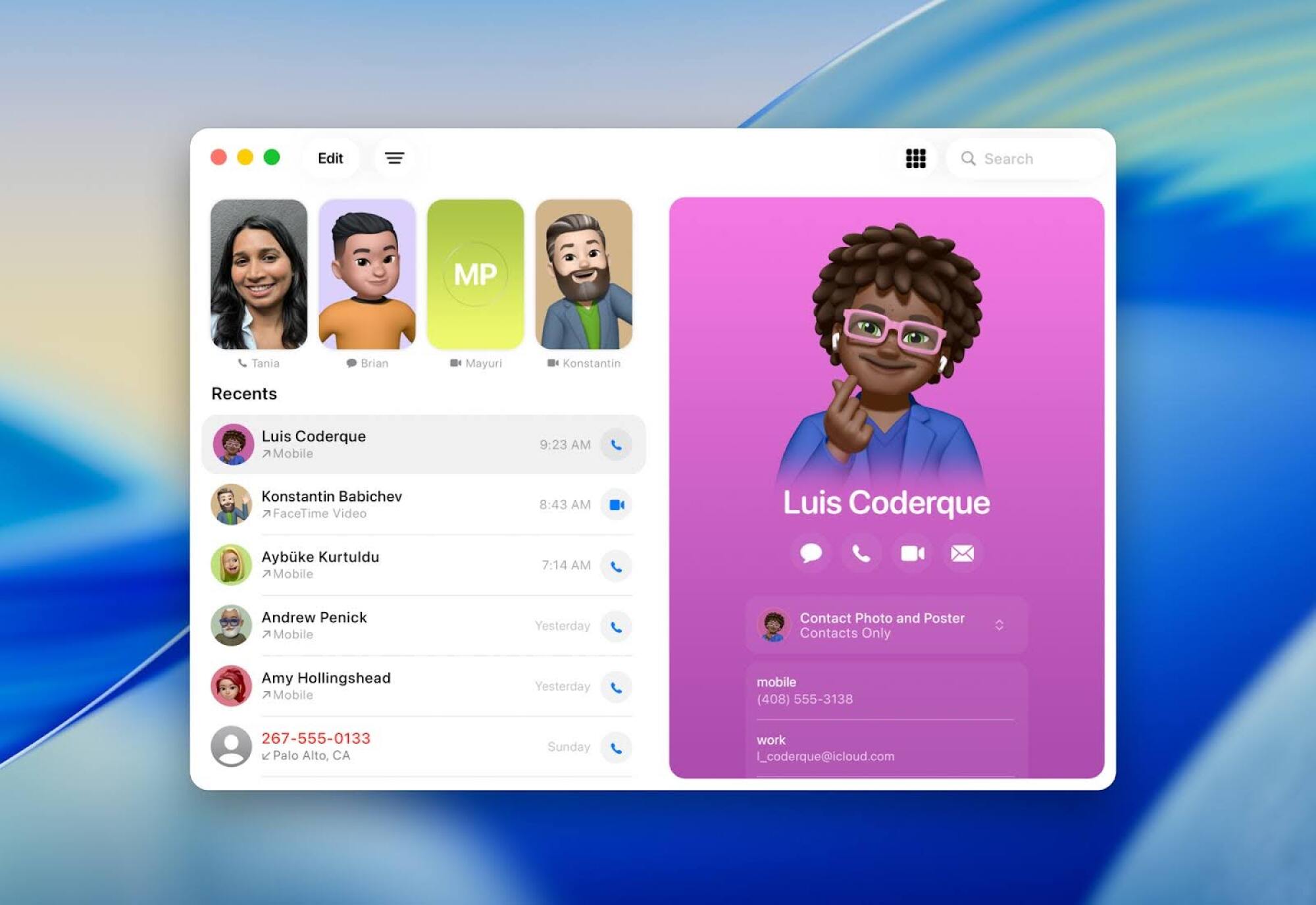 A user's phone contacts are displayed in a window in Apple's new MacOS operating system.