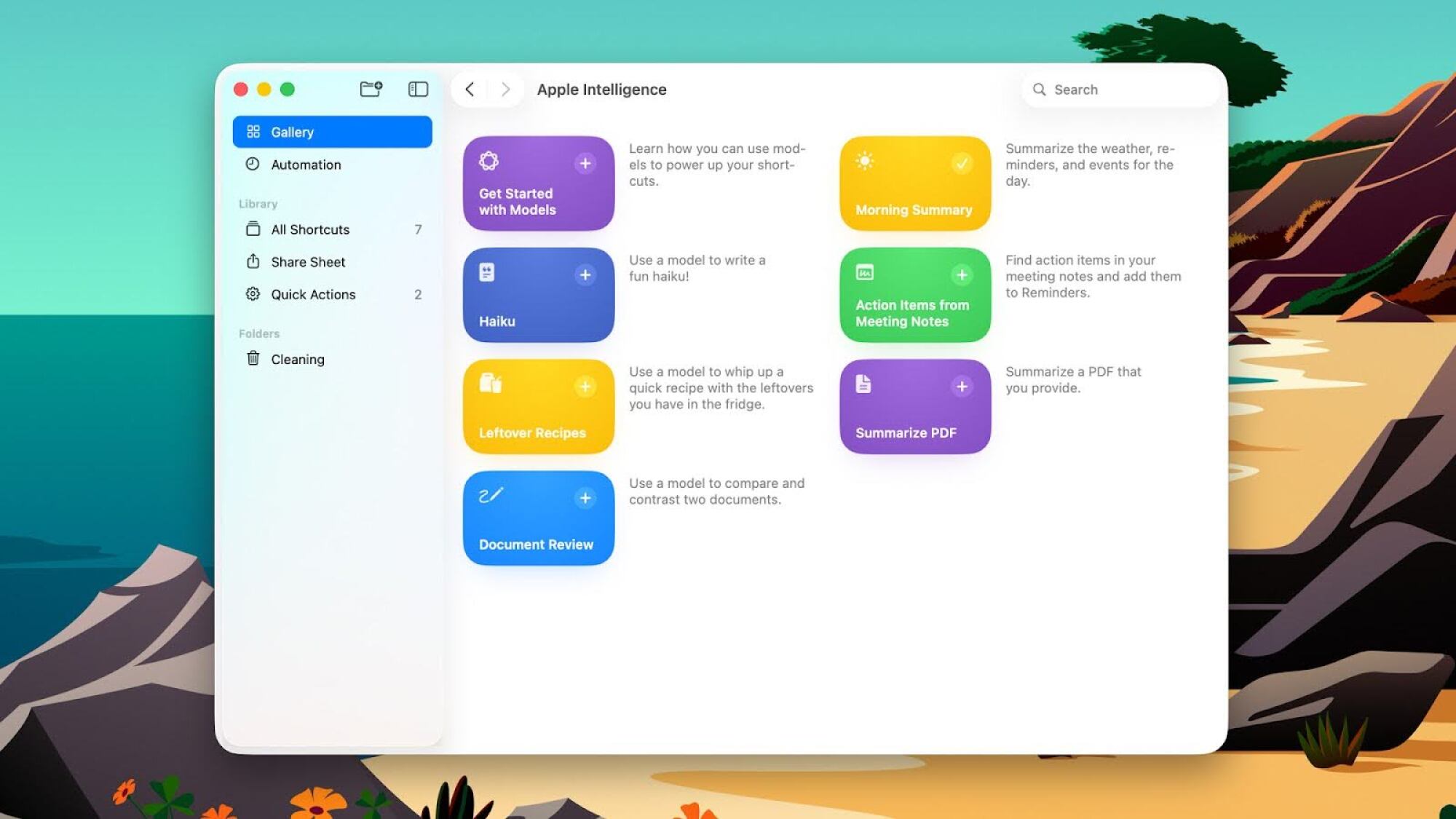 A screenshot of MacOS's new Apple Intelligence options in Shortcut, including a "leftover recipes" generator, a "morning summary" and an option to "summarize" a PDF.