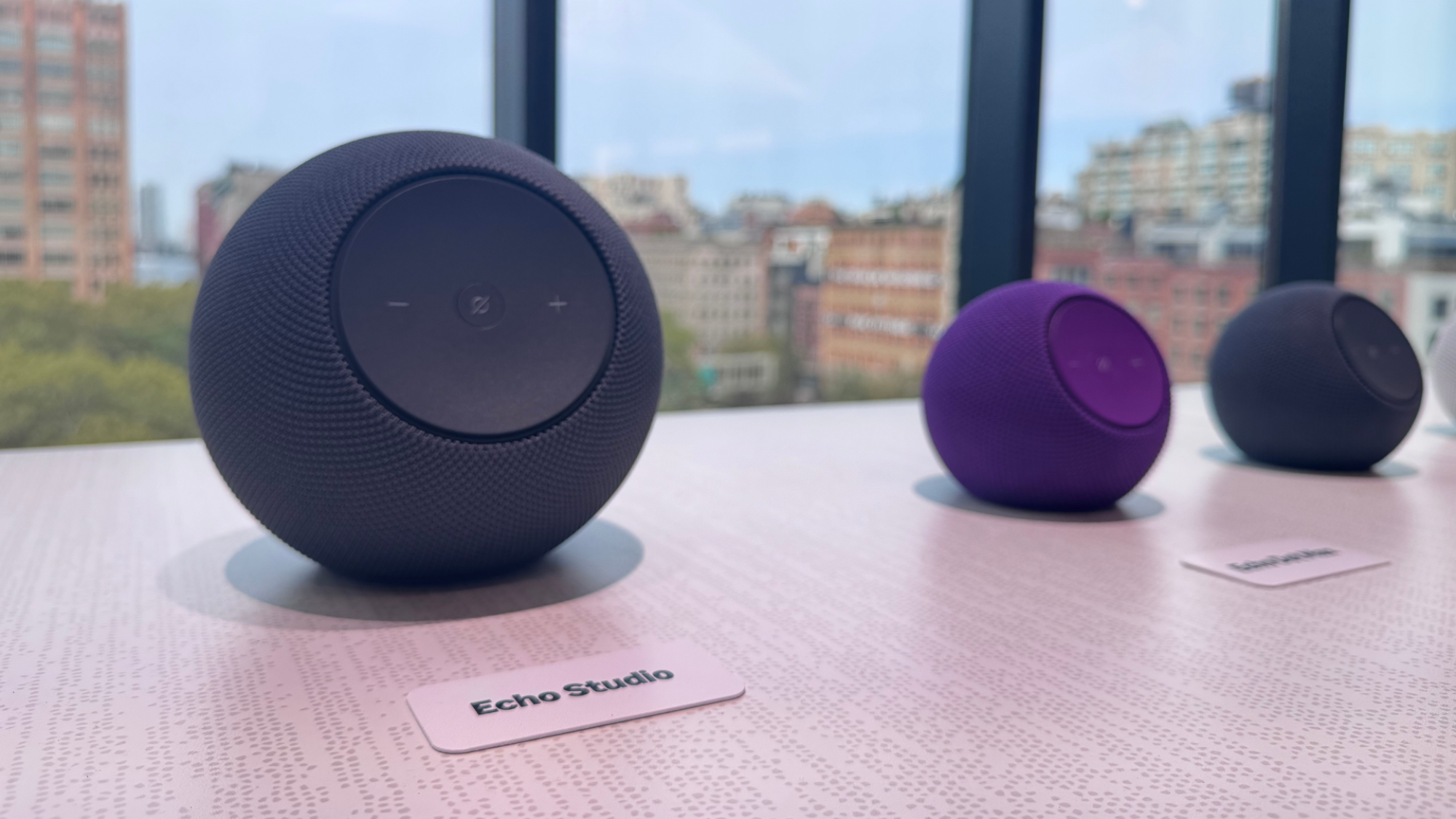 The new Amazon Echo Studio on a table.