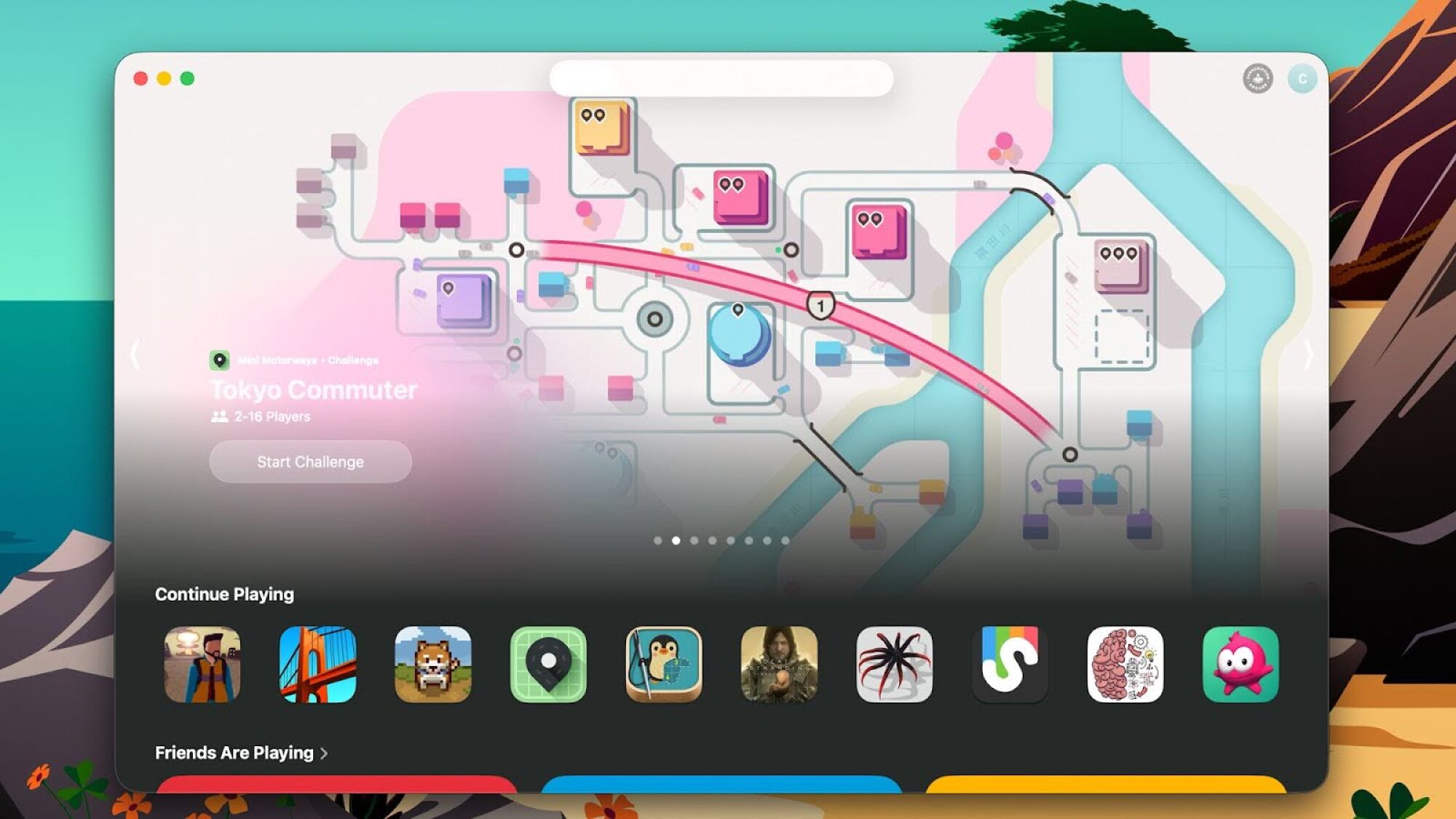 A screenshot of Apple's Games app in MacOS 26, showing a list of recently played games and an option to start p.aying "Tokyo Commuter"