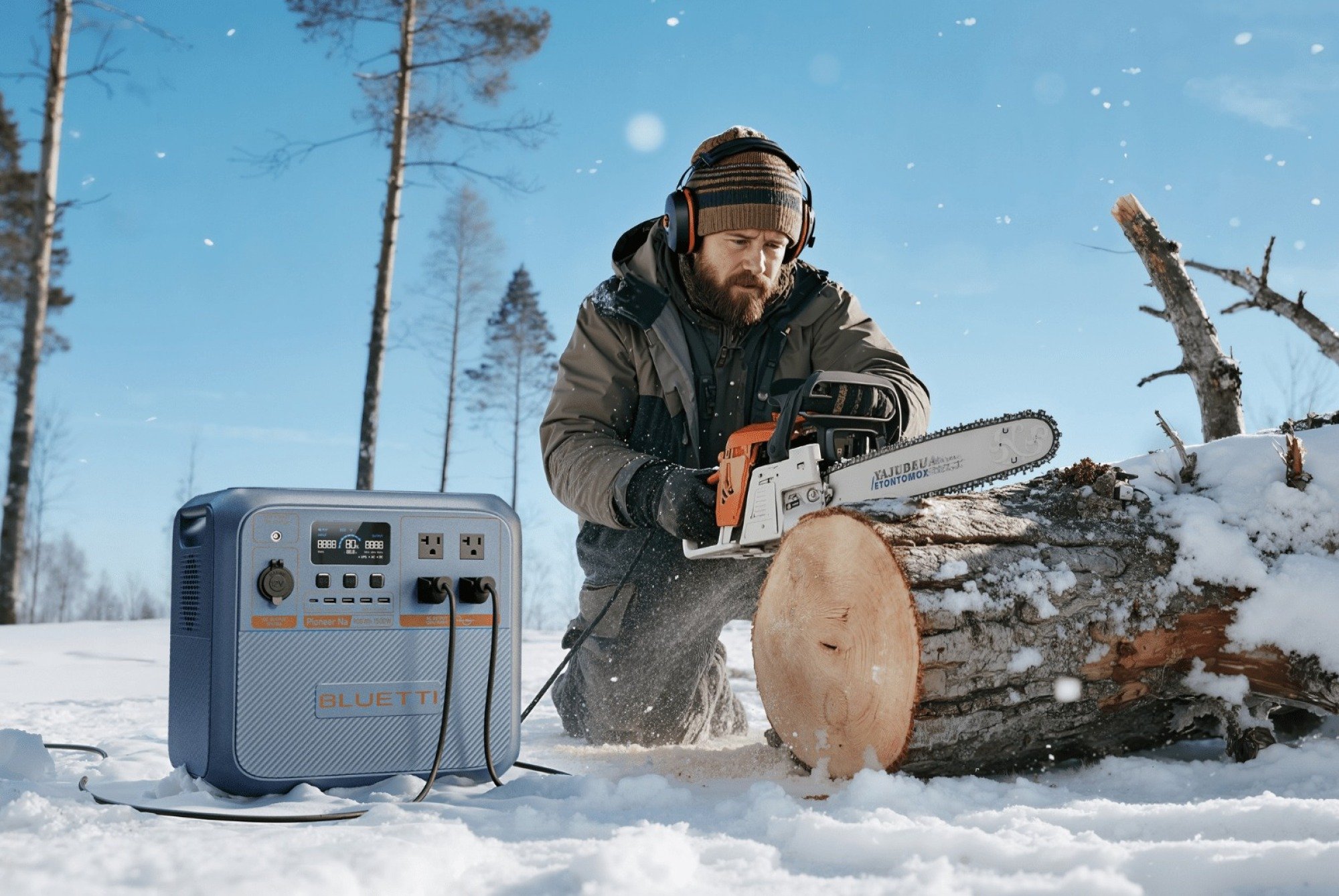 a person uses a chainsaw powered by the bluetti pioneer na portable power station