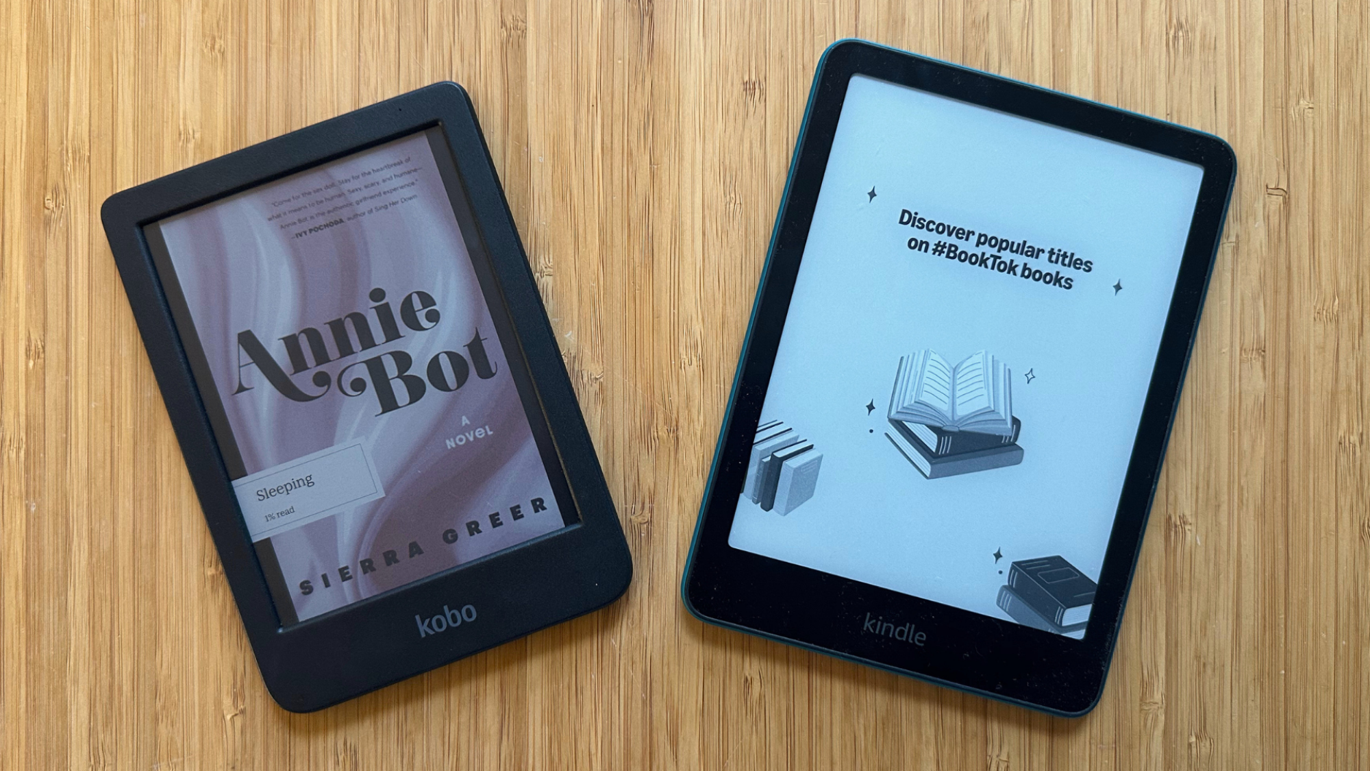 On the left, a Kobo Clara Colour and on the right, a Kindle Paperwhite.