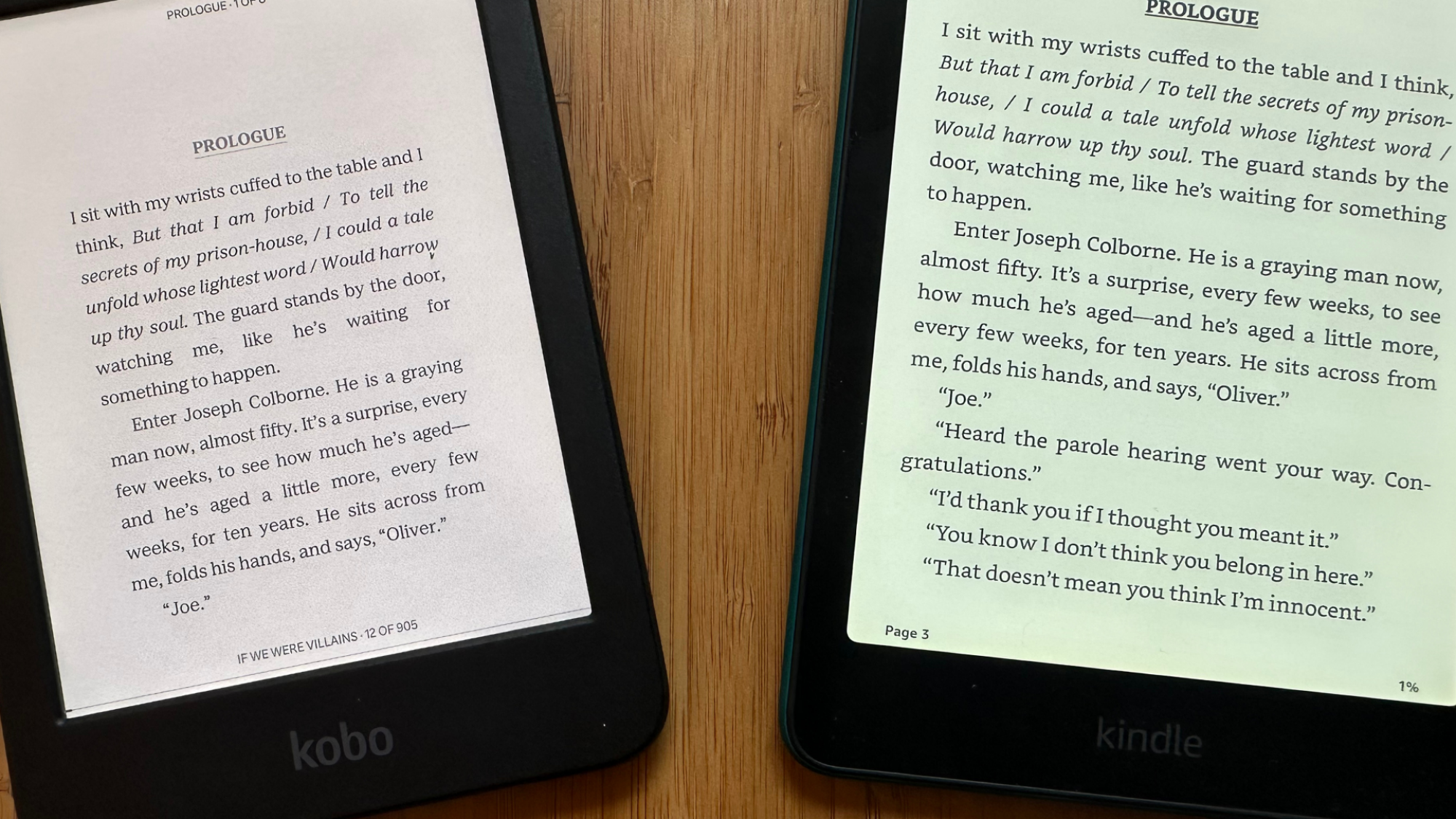 On the left, a Kobo Clara Colour, on the right, a Kindle Paperwhite