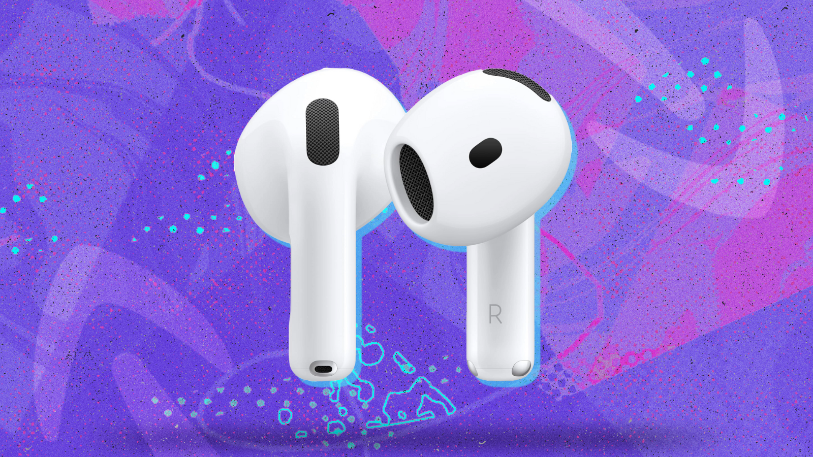 Apple AirPods 4 with purple background
