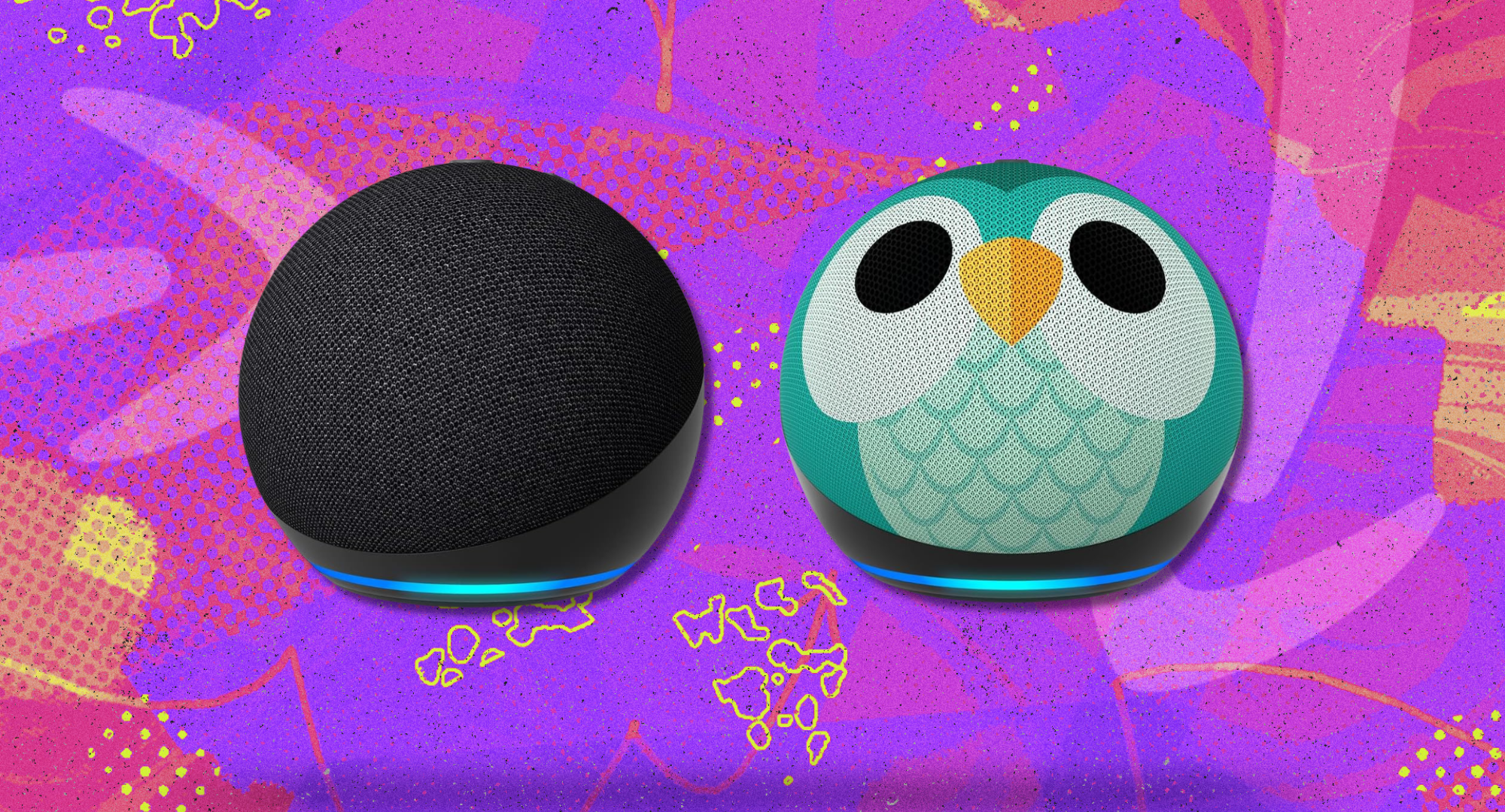 Amazon echo dot 5th gen and amazon kids echo dot 5th gen against a purple background. 