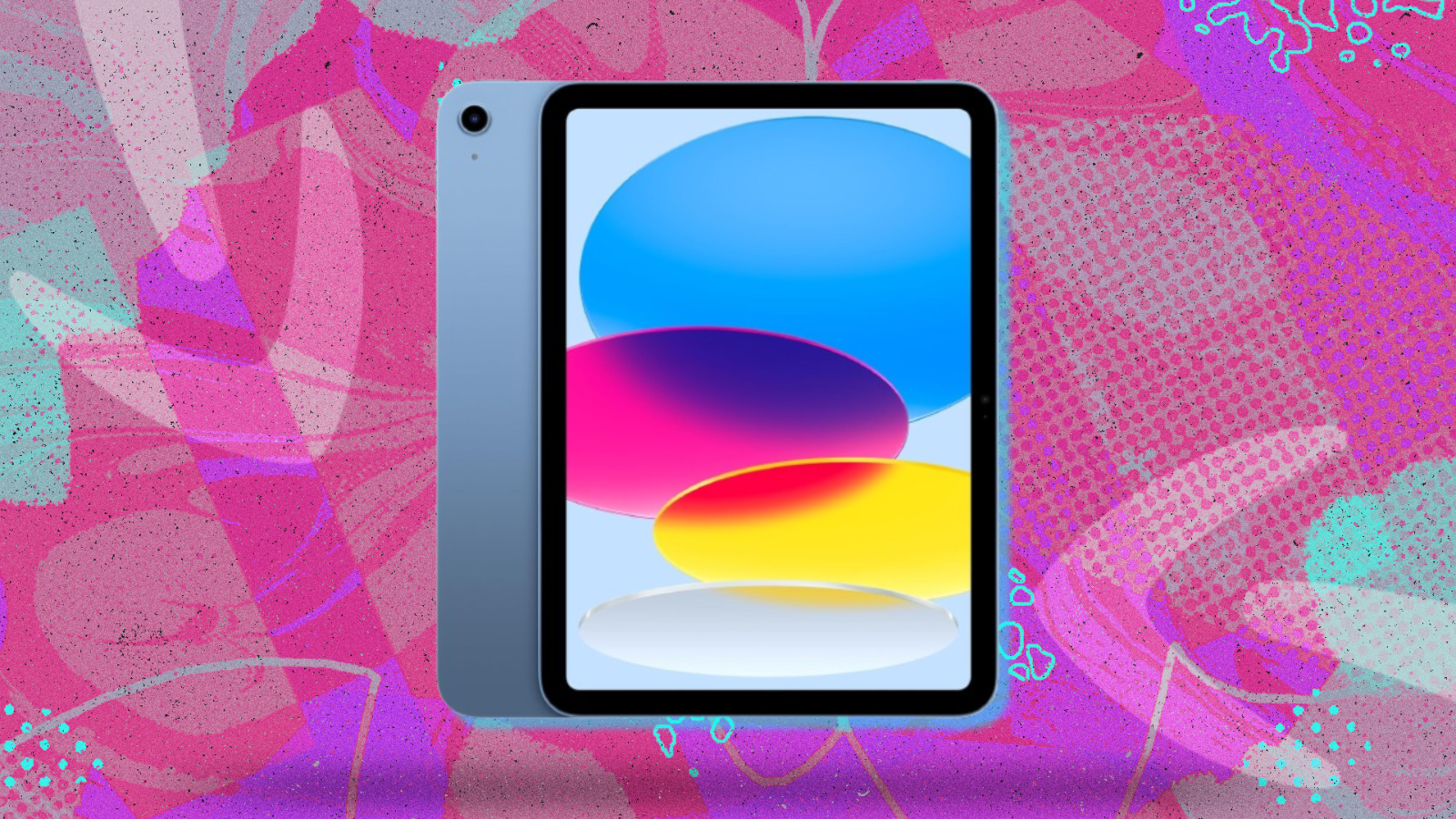 blue Apple iPad with pink decorative background