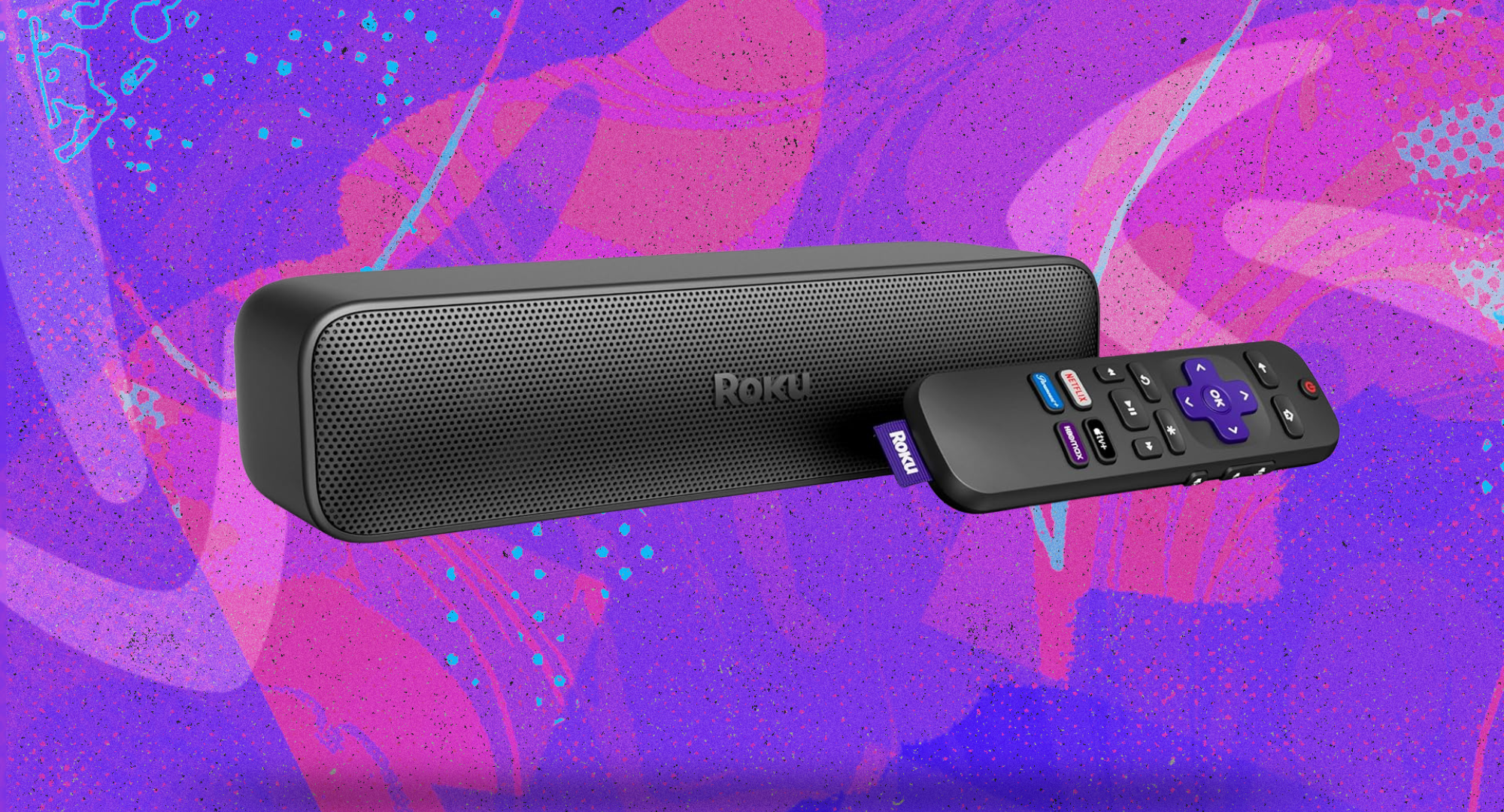 The Roku streambar SE against a purple background. 