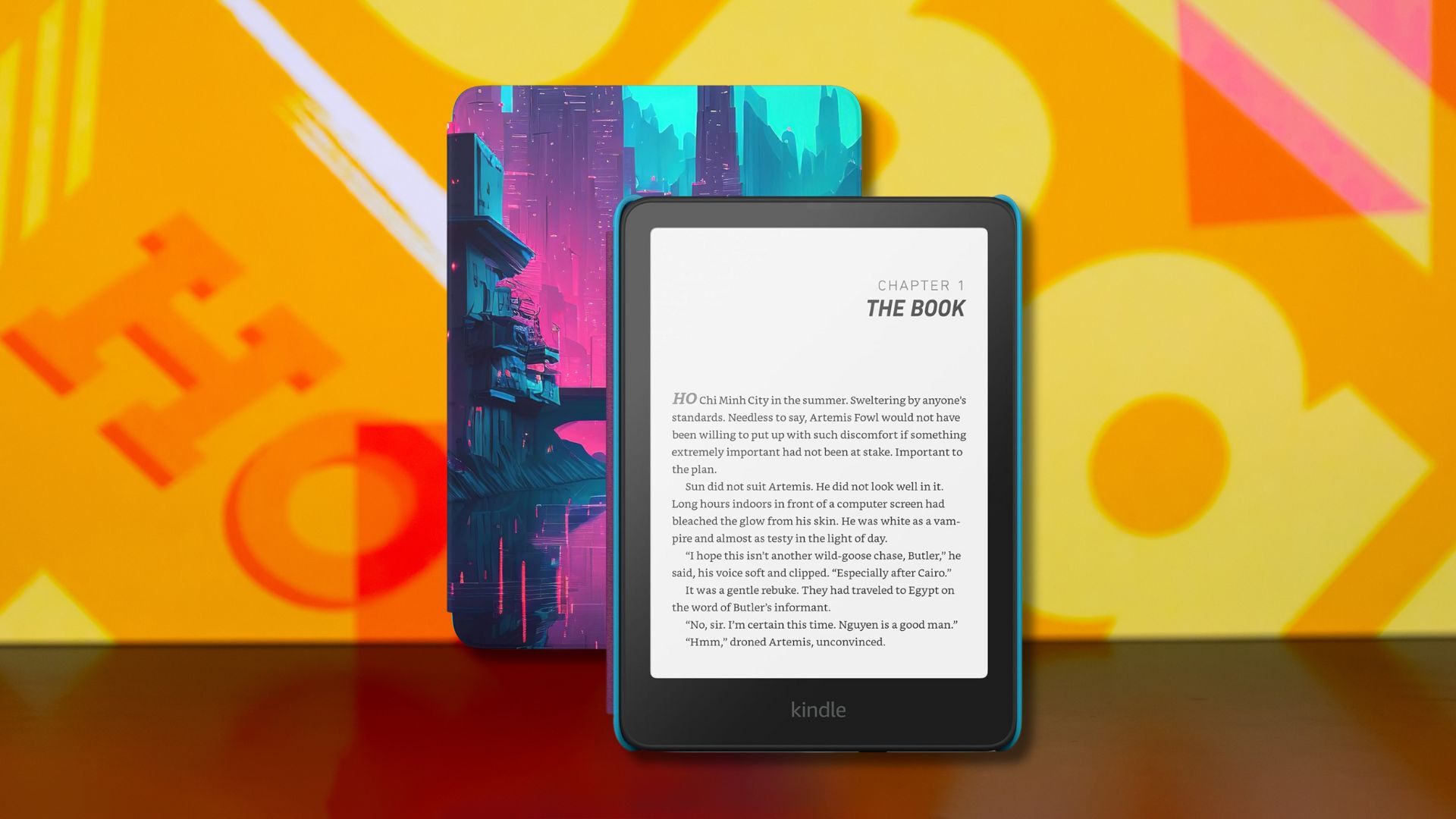 kindle paperwhite kids against a yellow patterned background