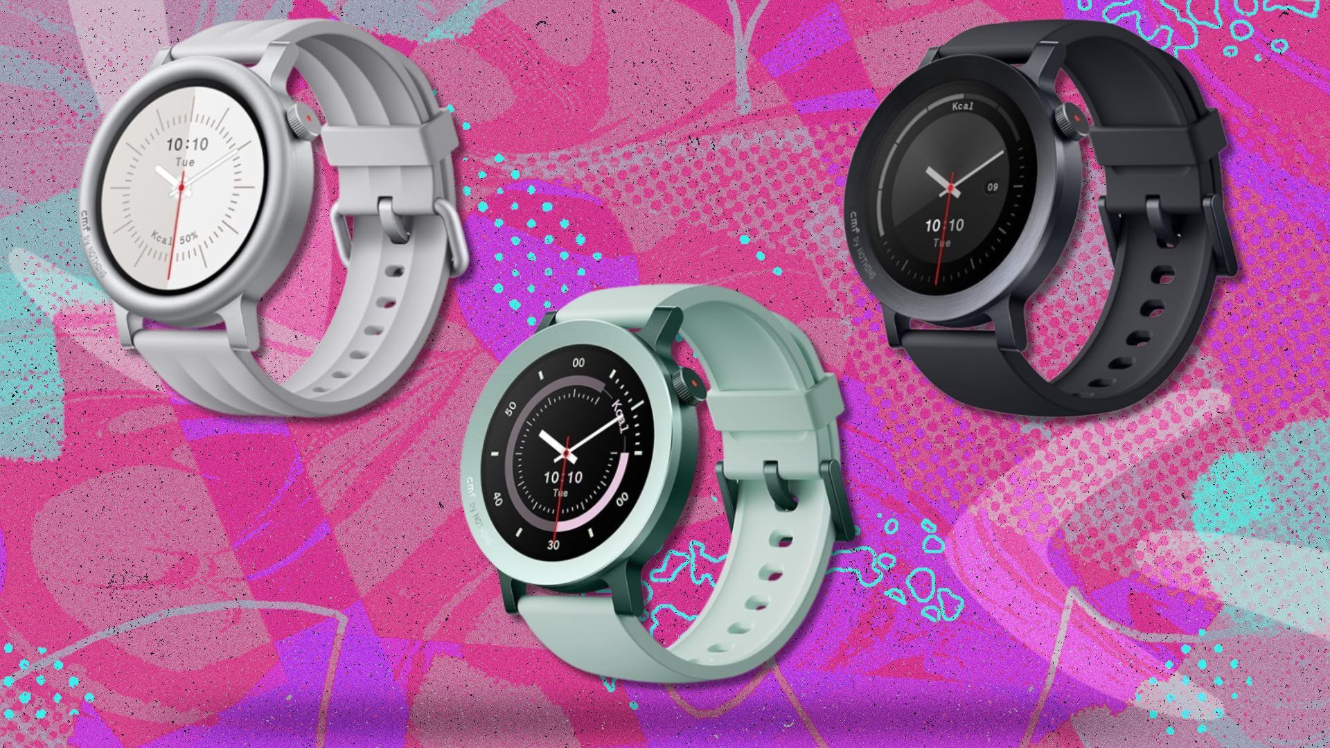 the nothing cmf watch 3 pro in green, gray, and black on a pink background