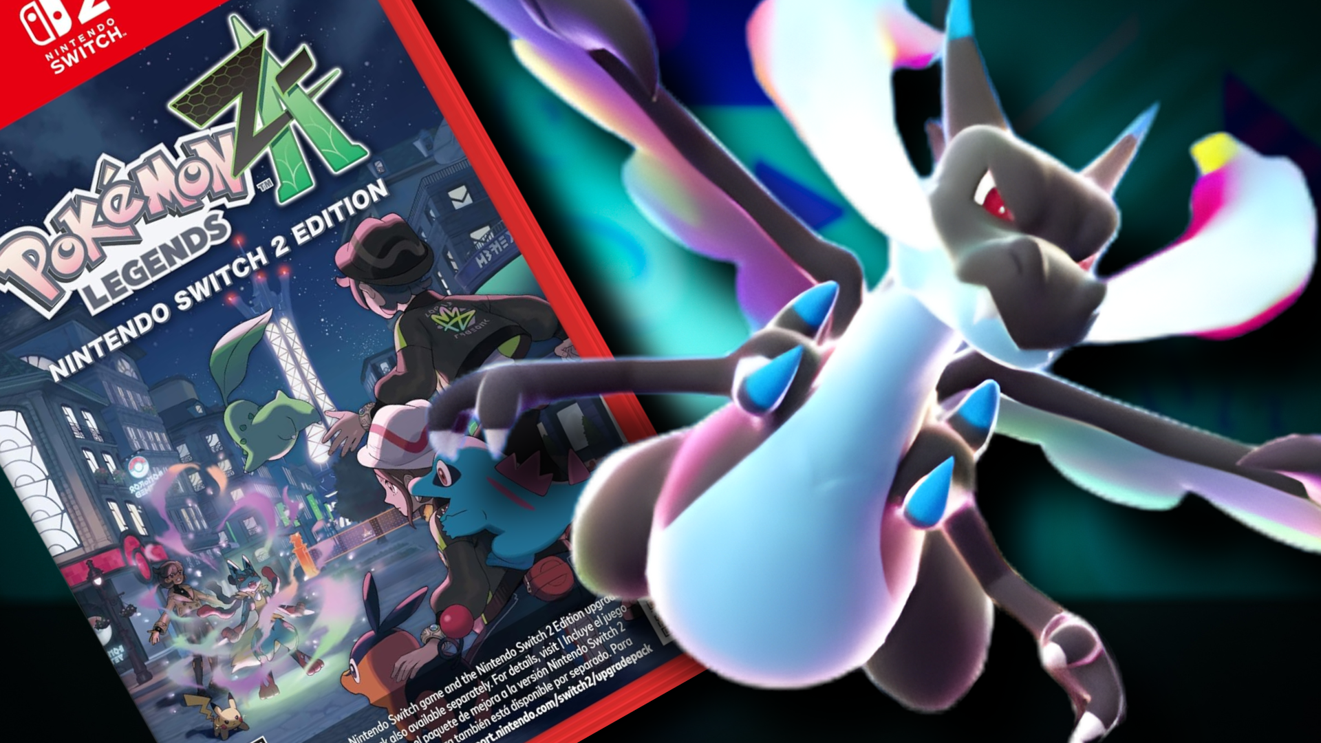 Pokémon Legends: Z-A switch 2 box art and Mega Charizard X on a light blue background