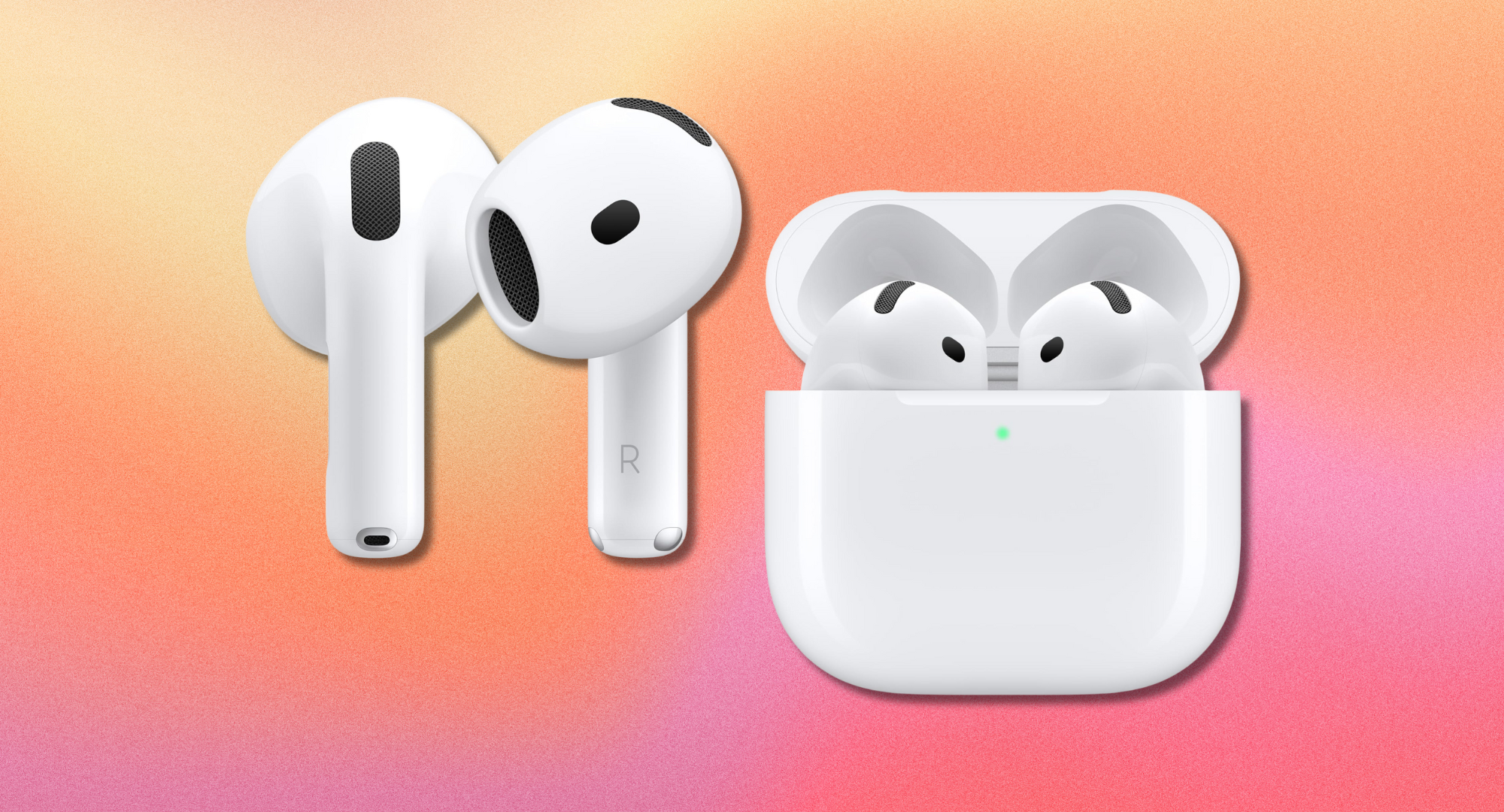 Apple Airpods 4 against a colorful pink and orange background. 