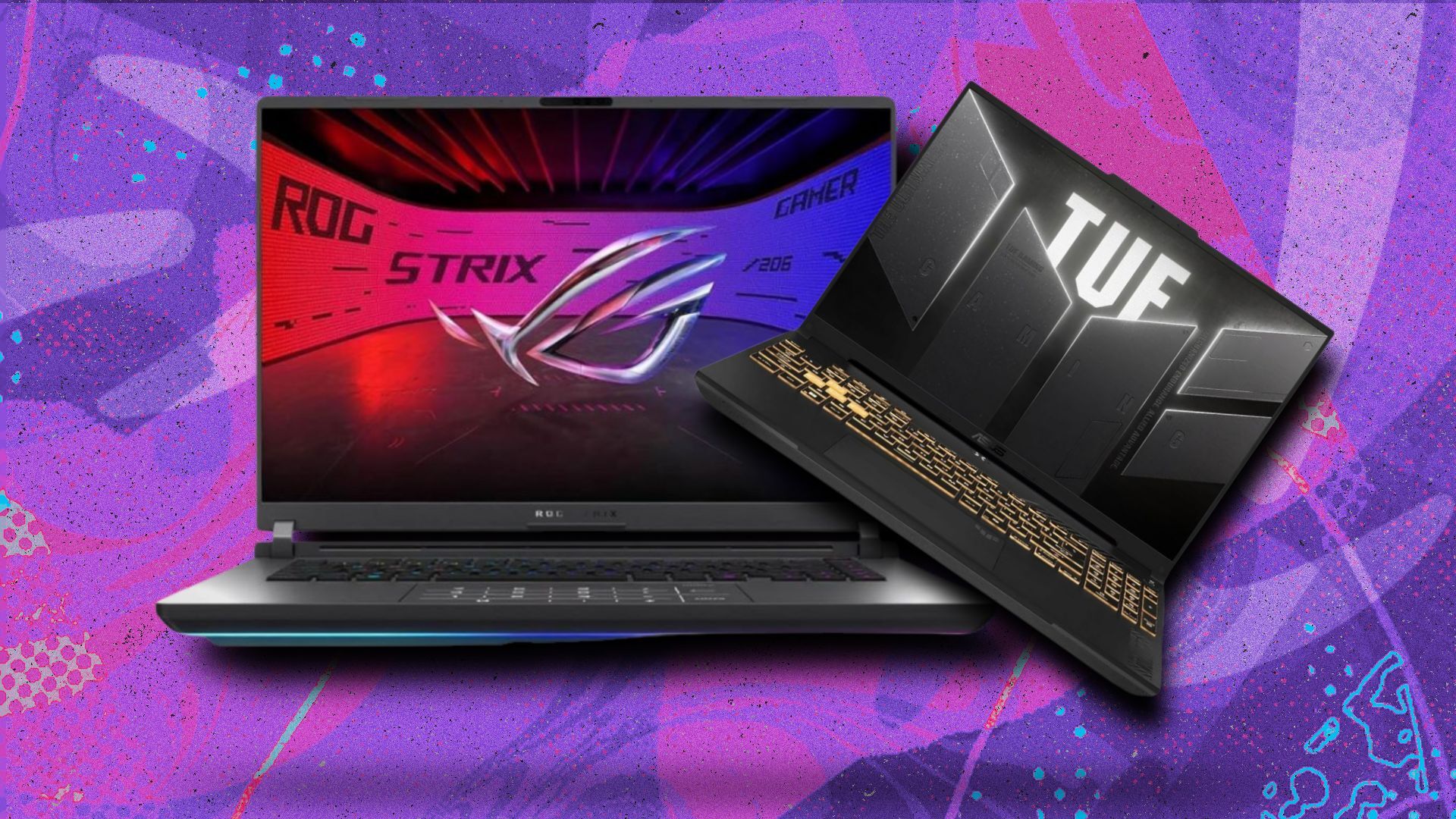 October Prime Day gaming laptop deals from ASUS on a purple pattern background
