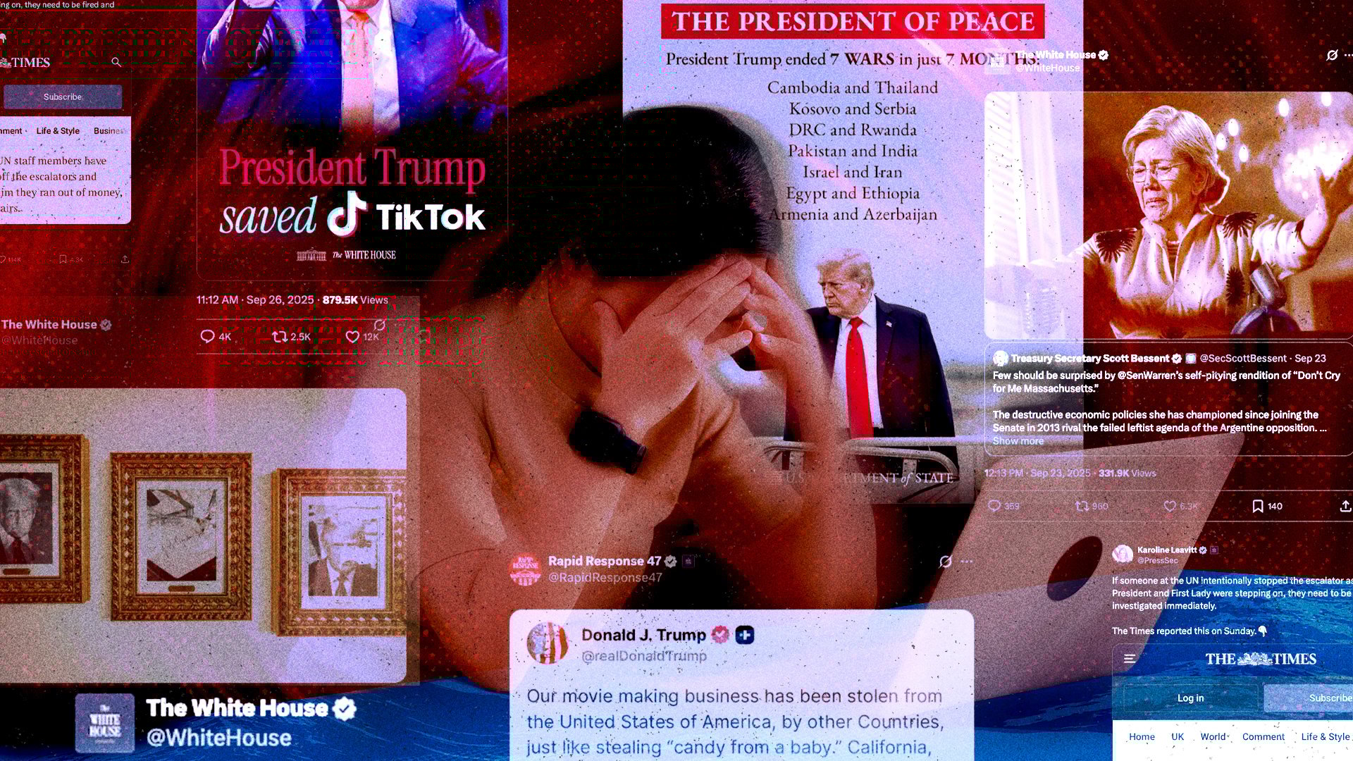 composite image of a woman with her hands in her face surrounded by tweets from trump and the white house
