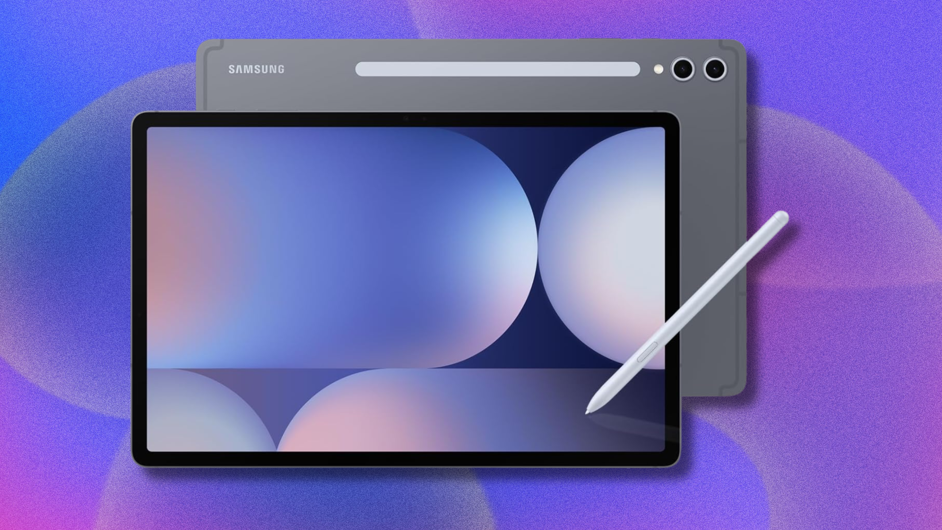 Samsung Galaxy Tab S10+ on purple and blue abstract background