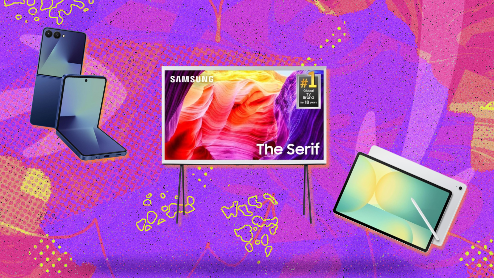 Samsung Galaxy Z Flip7, Galaxy Tab S10 FE, and The Serif TV with colorful background