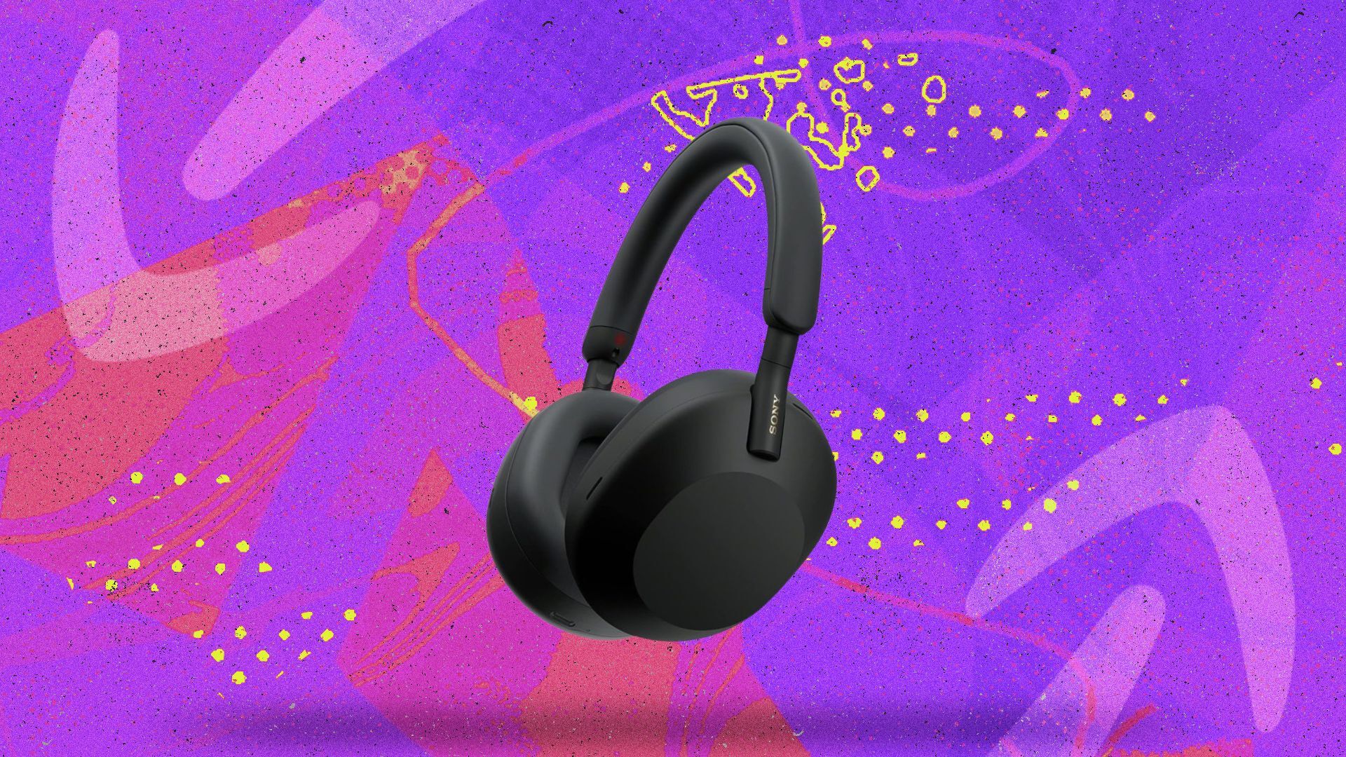 black headphones on purple and pink graphic background