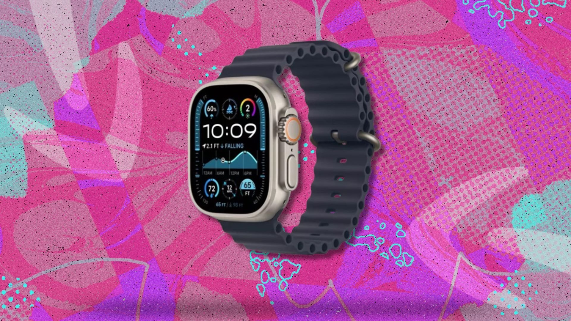 the apple watch ultra 2 in navy on a pink background