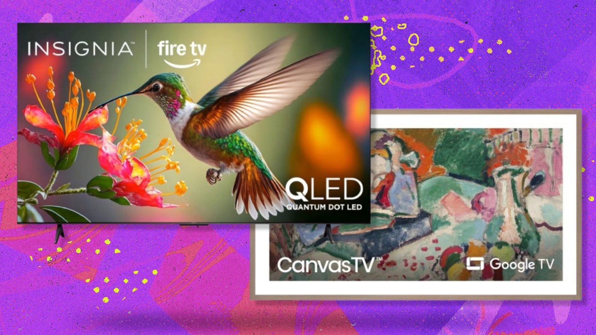 The Insignia QF LED TV and Hisense Canvas TV on a purple background