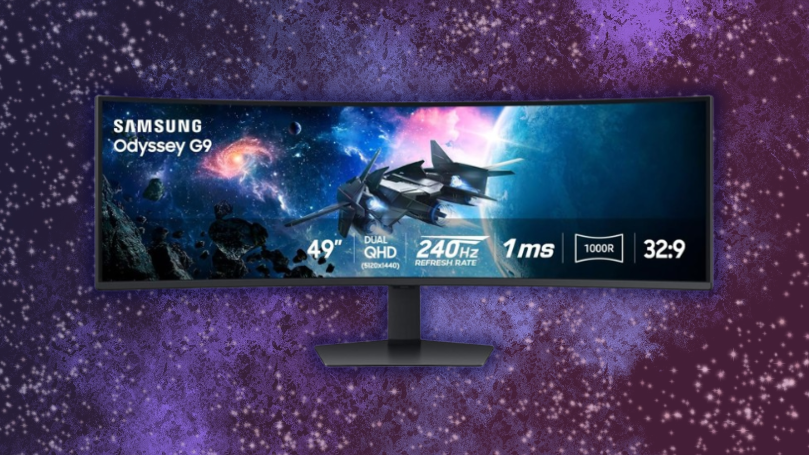 Samsung Odyssey G9 monitor with dark sky background