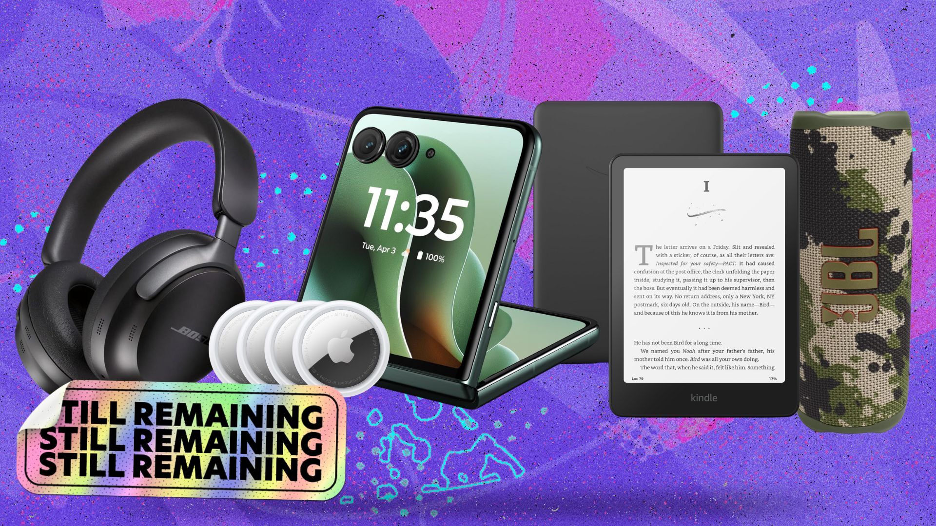 bose headphones, airtags, motorola razr, kindle, and jbl speaker with sticker that reads 'still remaining'