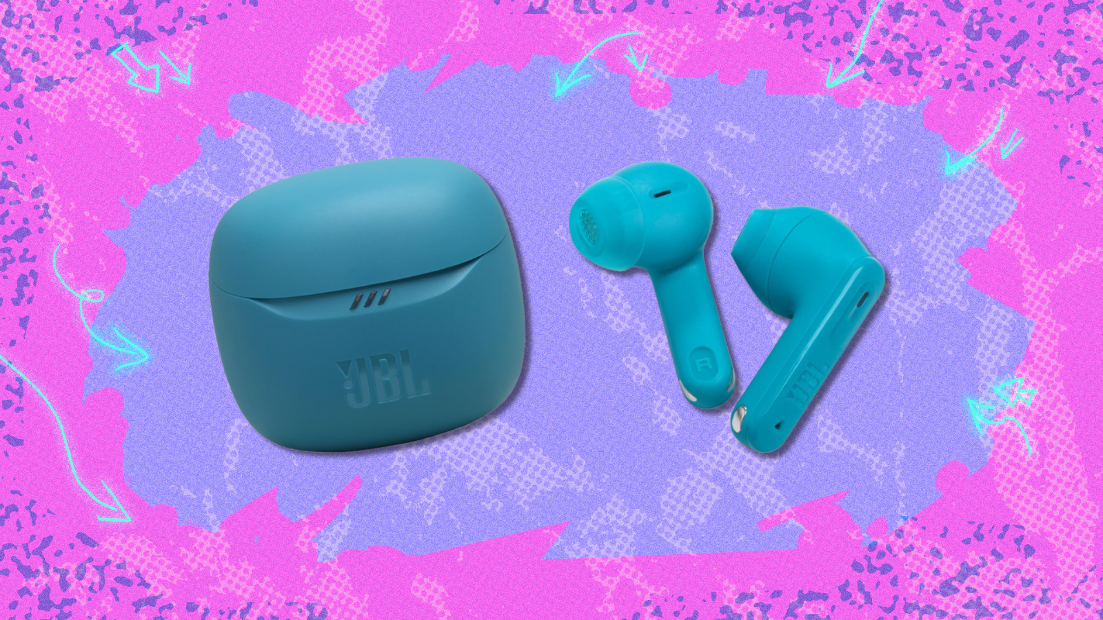 JBL Tune Flex 2 earbuds and case with purple and pink background