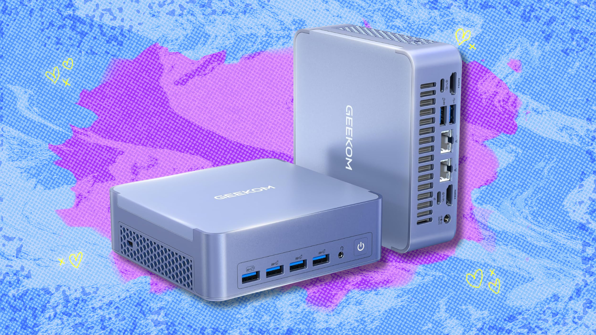GEEKOM Mini PC AX8 Max on purple and pink abstract background