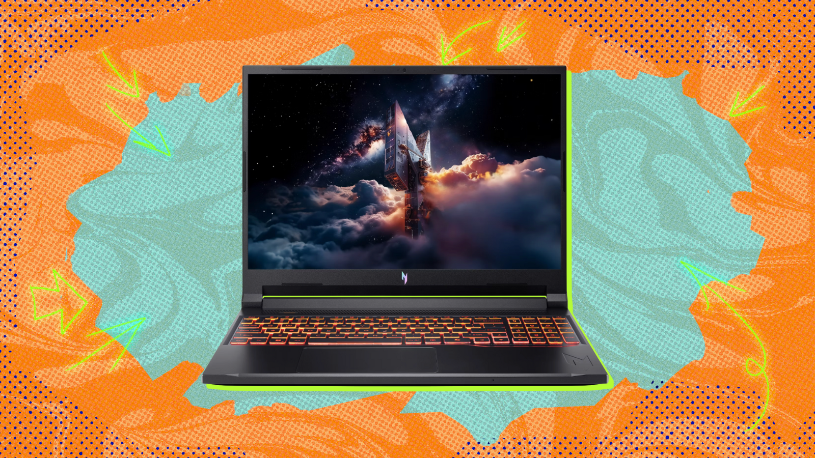 the acer nitro v 16 ai against an orange and aqua background