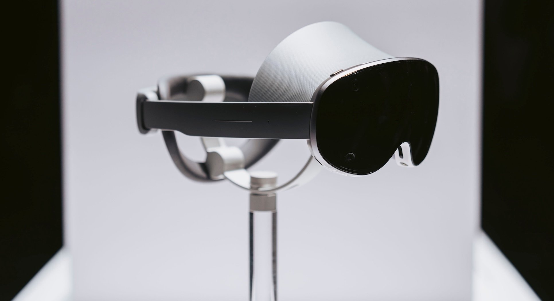 Samsung's virtual reality headset on a pole at a Samsung event.