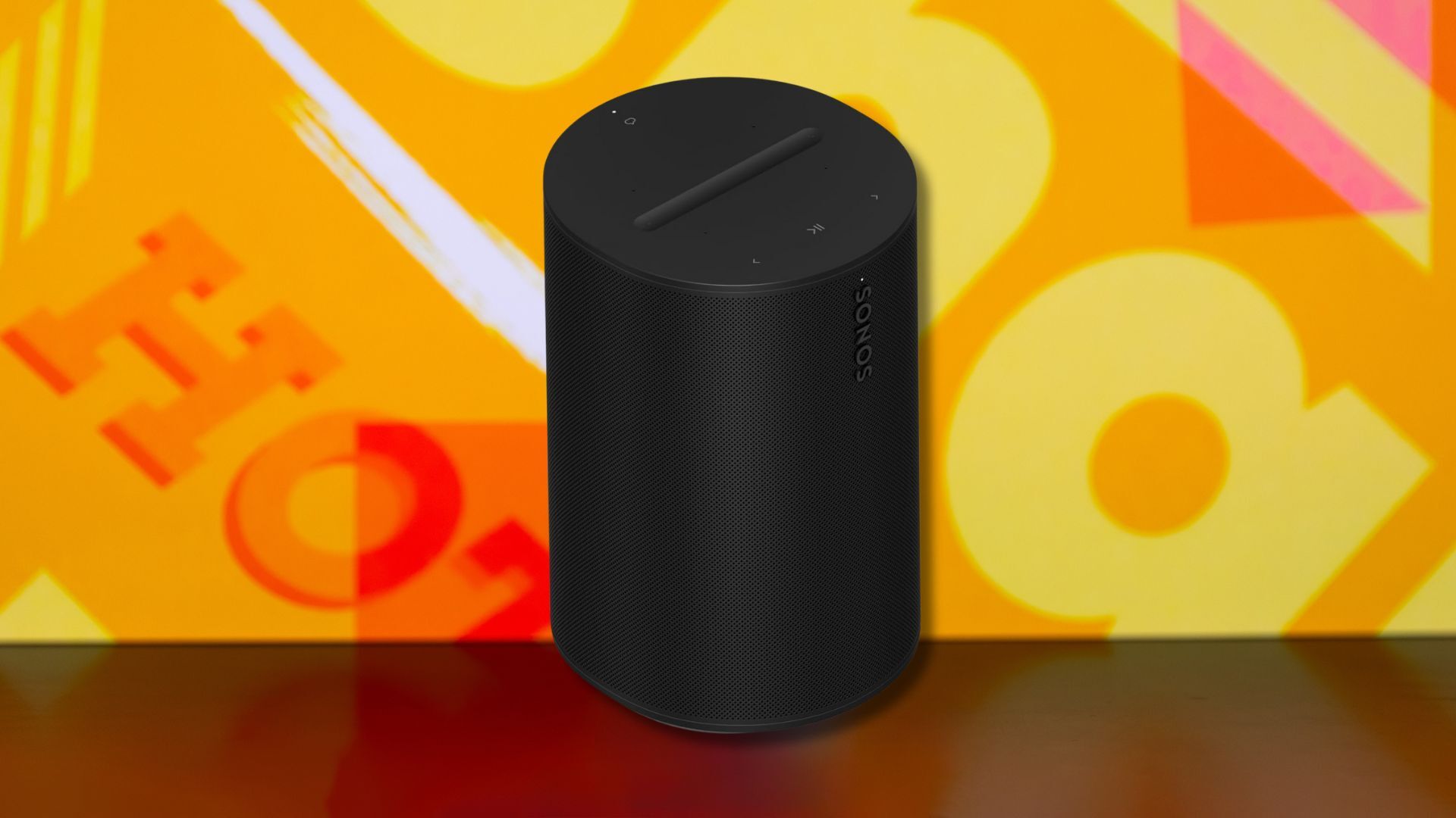 sonos era 100 speaker against a yellow patterned background