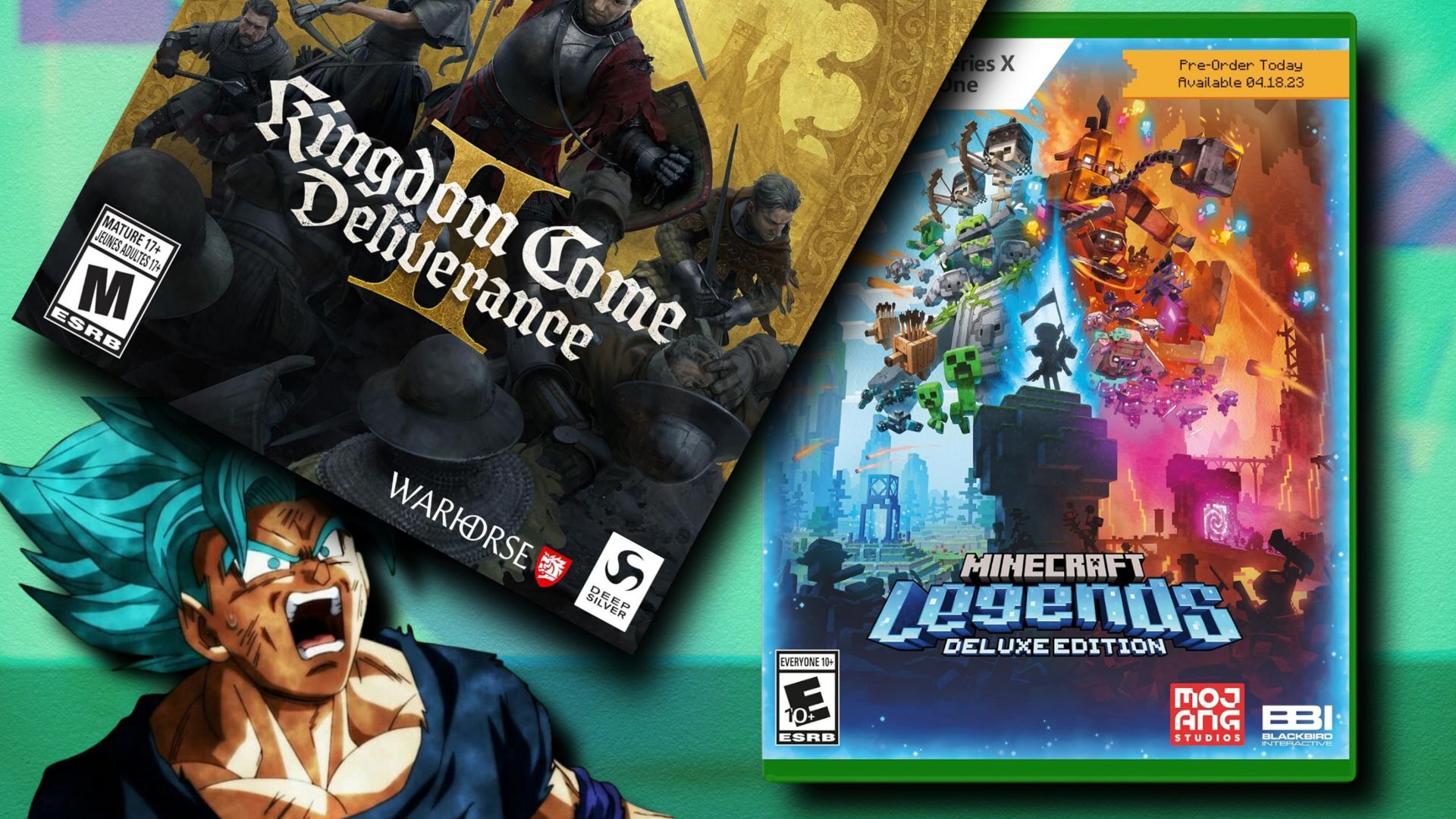Kingdom Come Deliverance 2 and Minecraft Legends boxart with a shocked Goku representing Dragon Ball Sparking Zero on a Xbox green background
