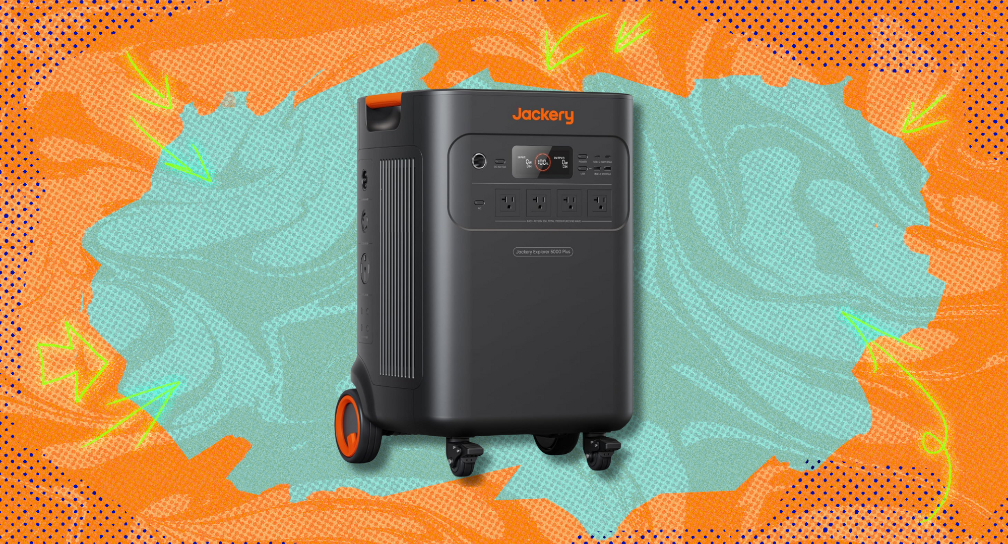 The Jackery 5000 plus portable power station against a green and orange background. 