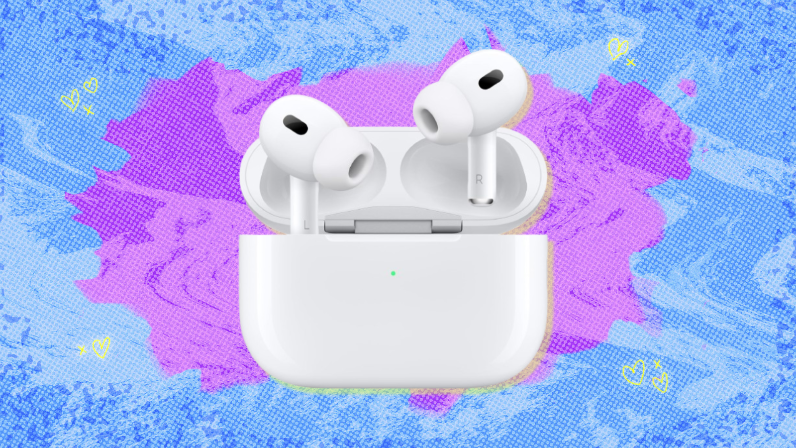 Apple AirPods Pro 2 in case with blue and purple background