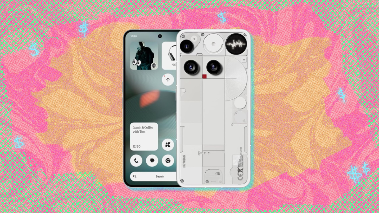 Nothing Phone 3 in white with pink, orange, and teal background
