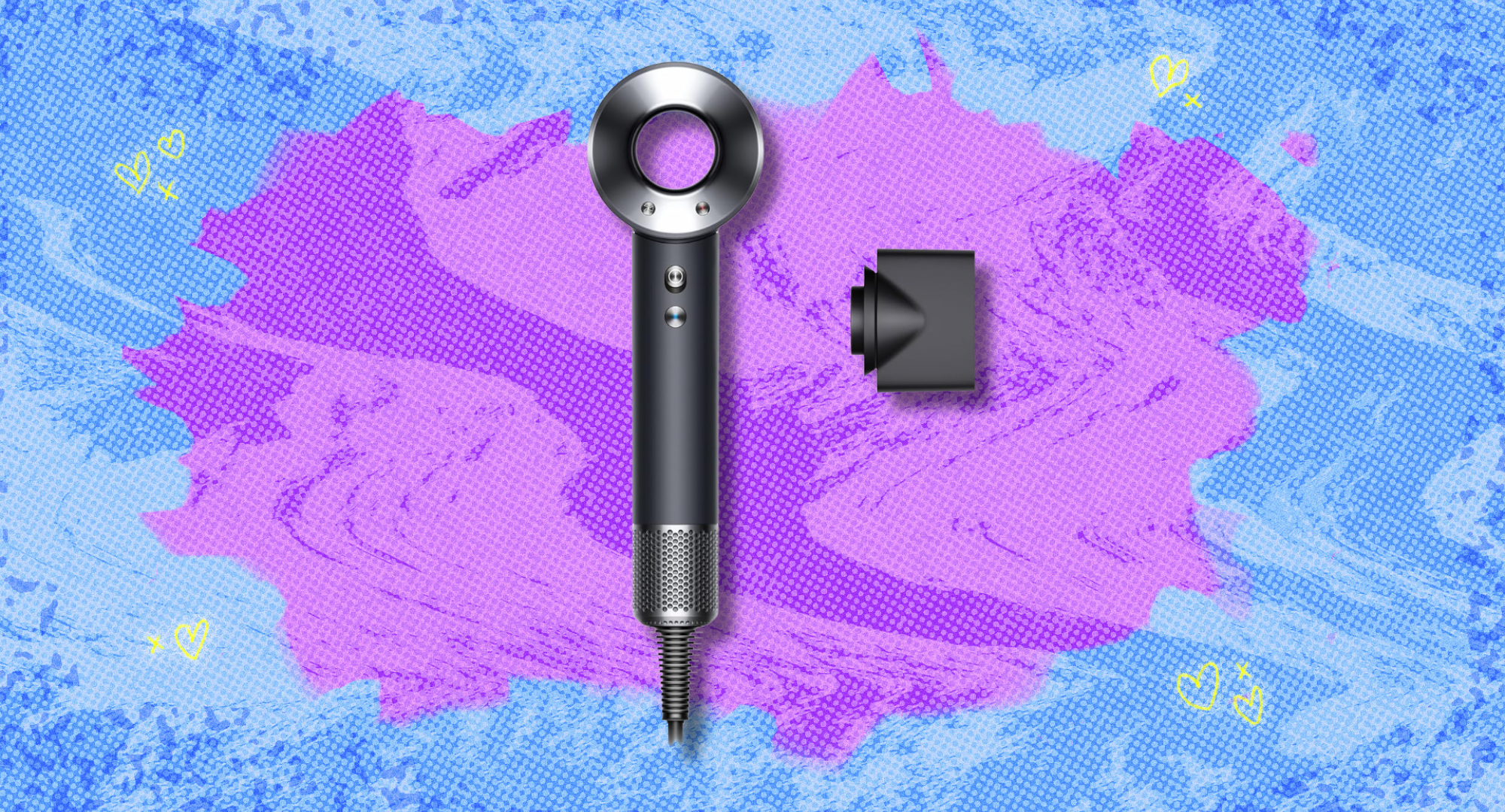 The Dyson Supersonic Origin hair dryer against a blue and purple background. 