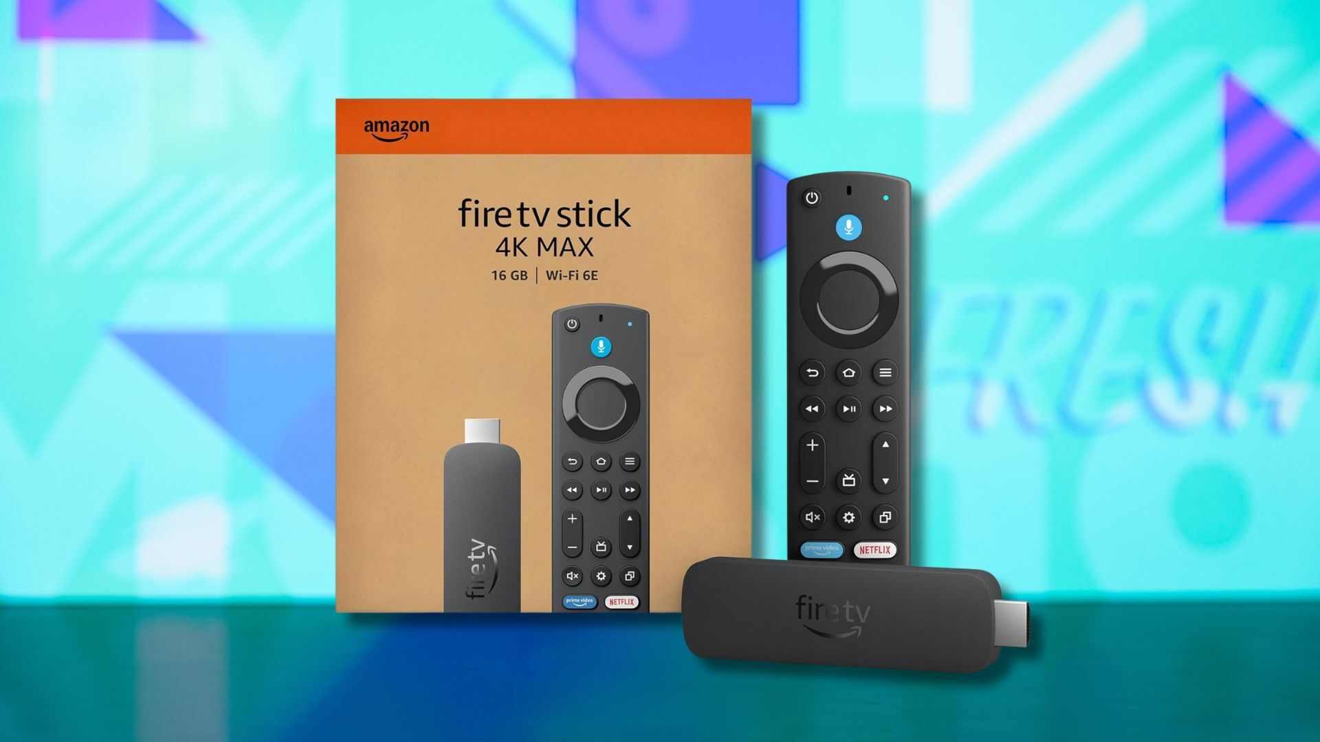 fire tv stick 4k max and box against a light blue patterned background