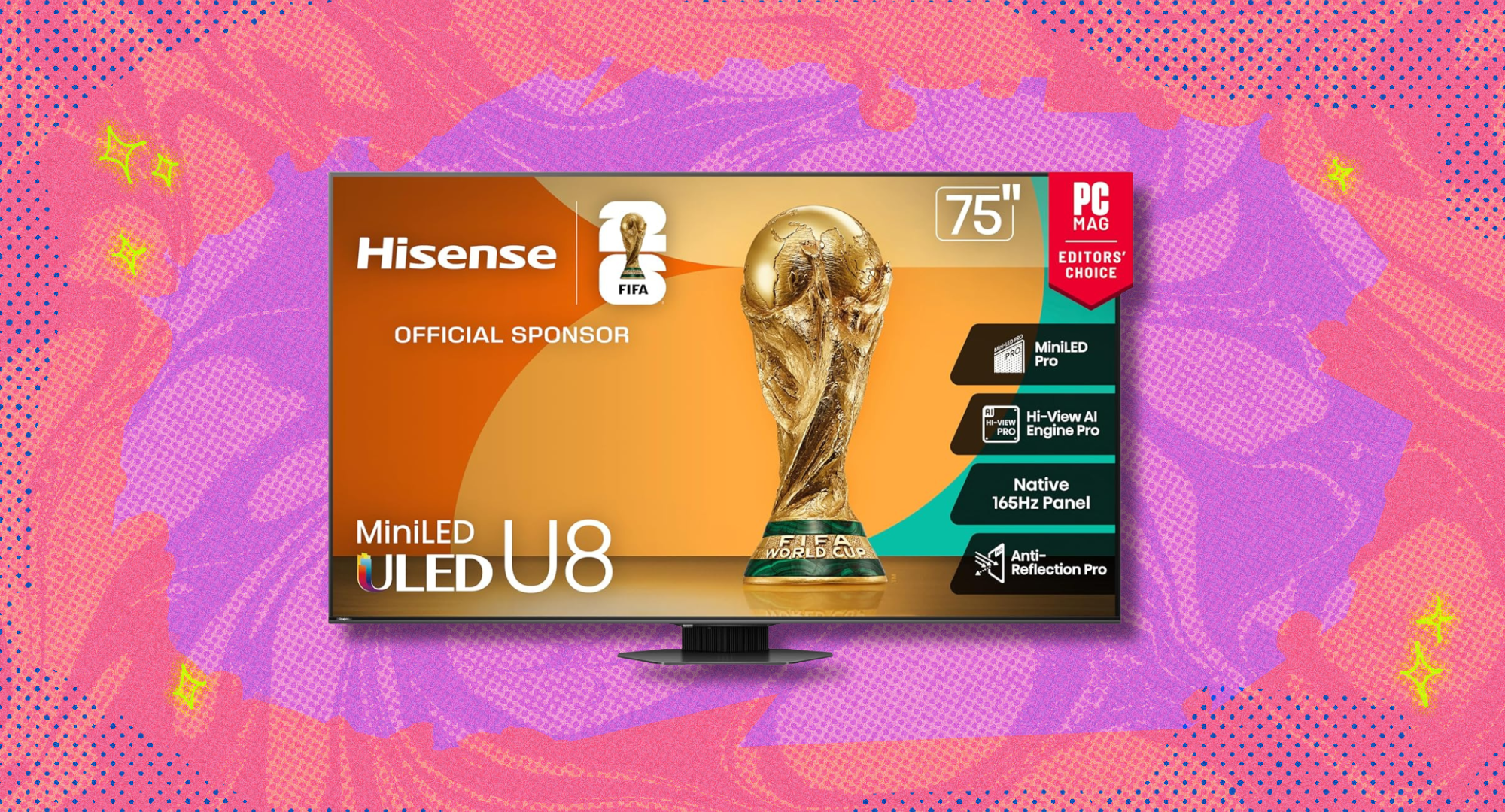 The Hisense 75-inch class U8 mini led ULED tv against a pink and purple background. 